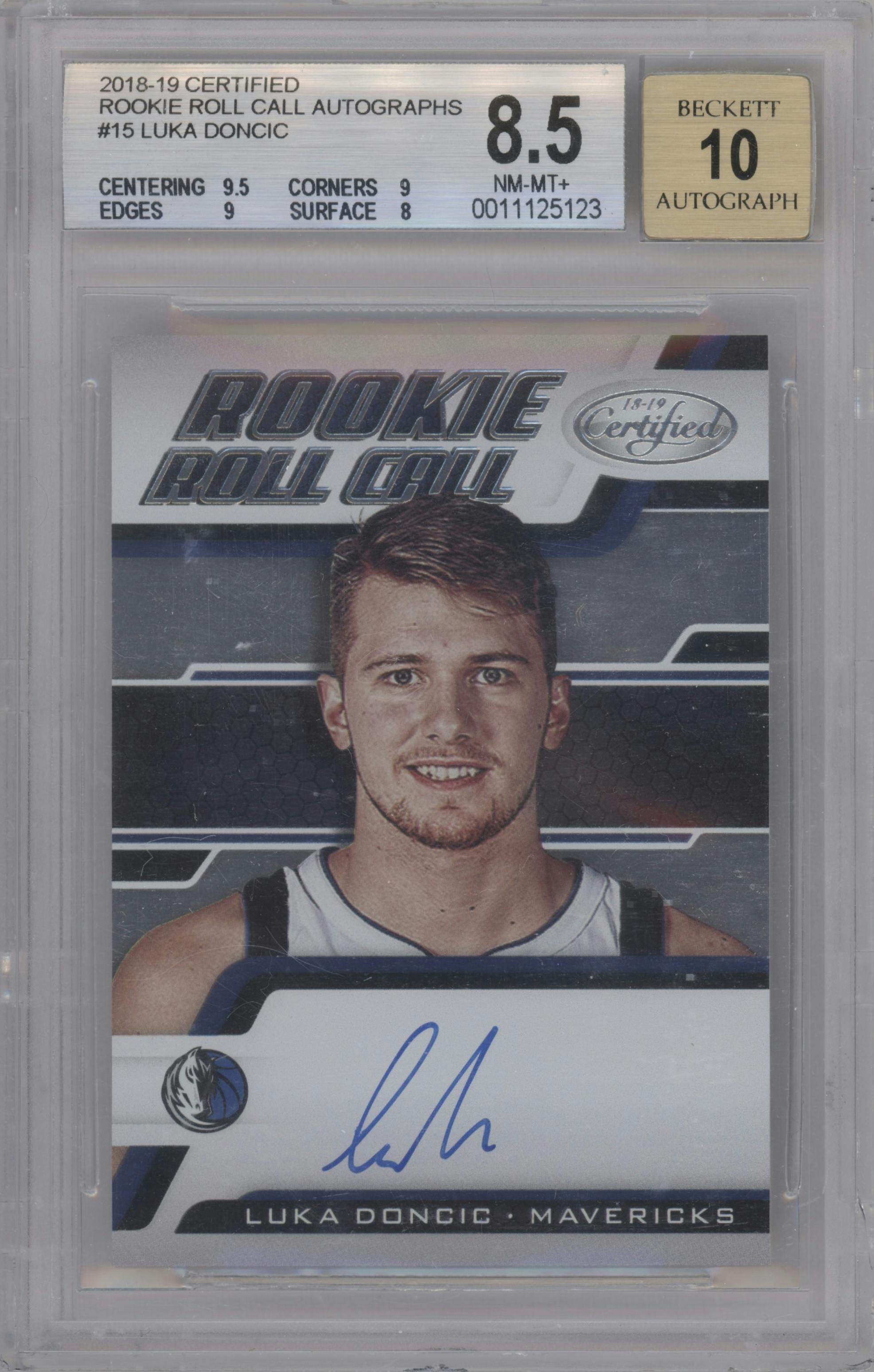 Luka Doncic from the 2018-19 Panini Certified set graded by Beckett and given an overall grade of 8.5.
