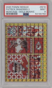 Patrick Mahomes II from the 2020 Panini Mosaic set featuring a Gold Mosaic parallel graded by PSA and given an overall grade of 9.