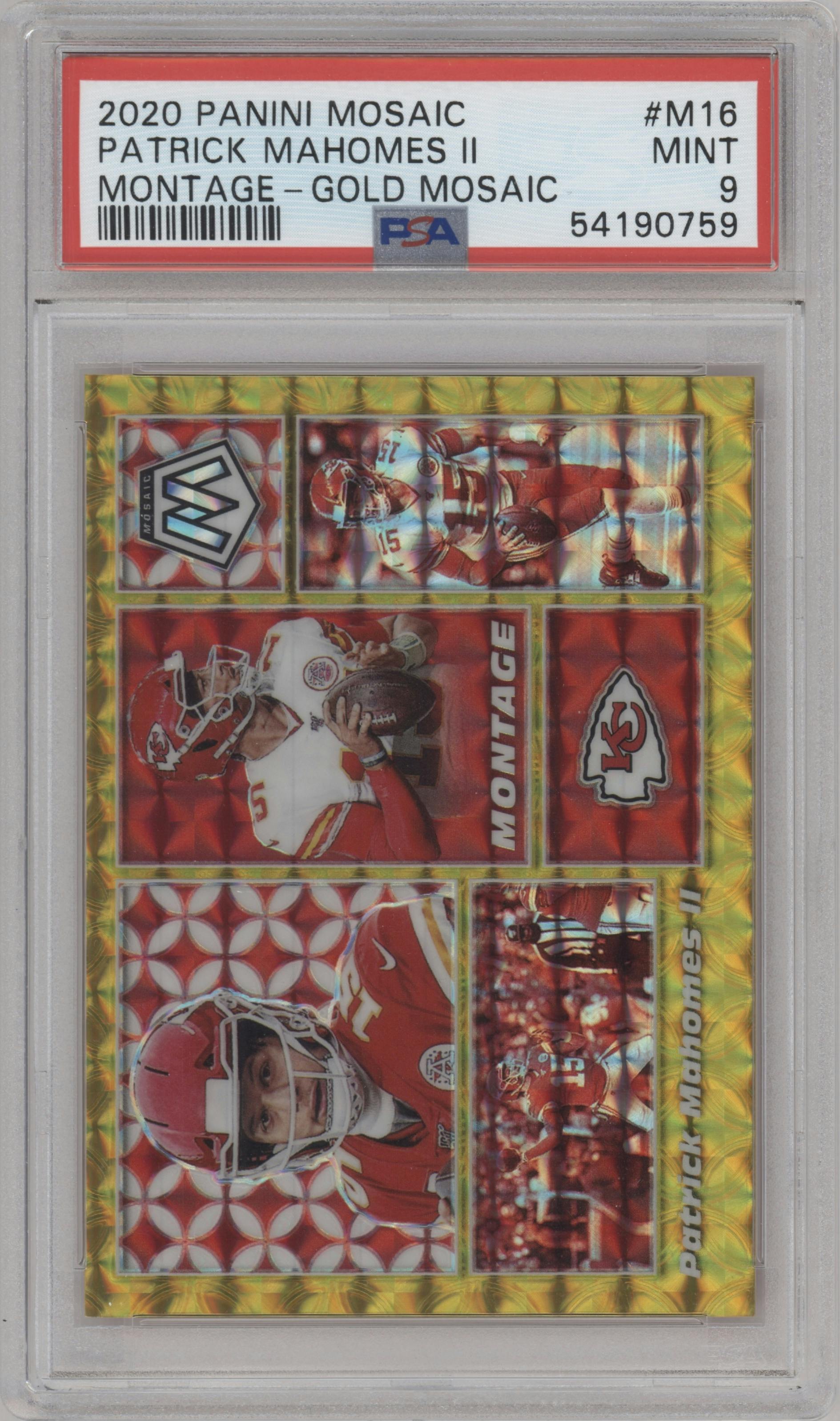 Patrick Mahomes II from the 2020 Panini Mosaic set featuring a Gold Mosaic parallel graded by PSA and given an overall grade of 9.