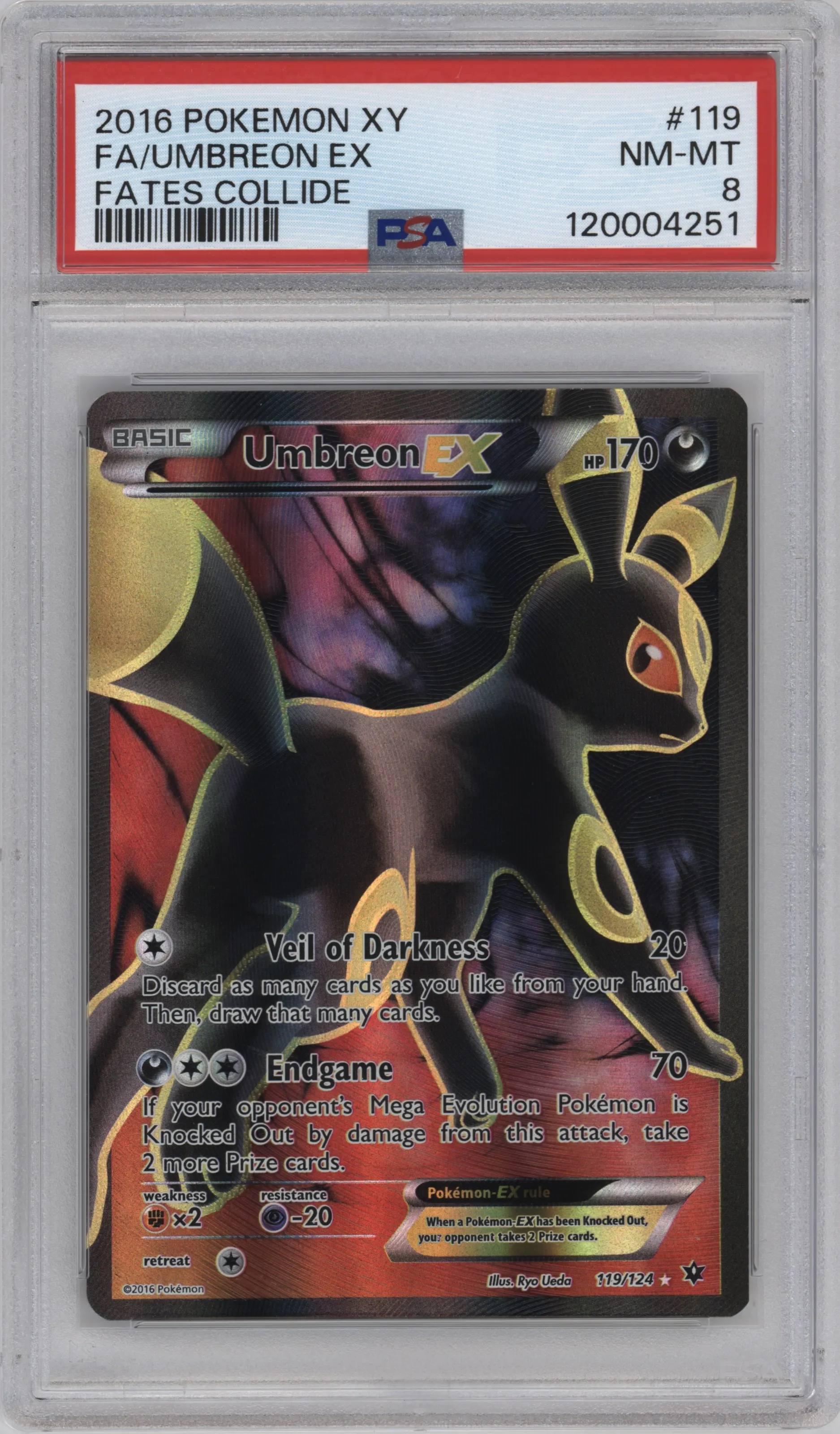 Umbreon EX from the 2016 Pokemon XY set graded by PSA and given an overall grade of 8.