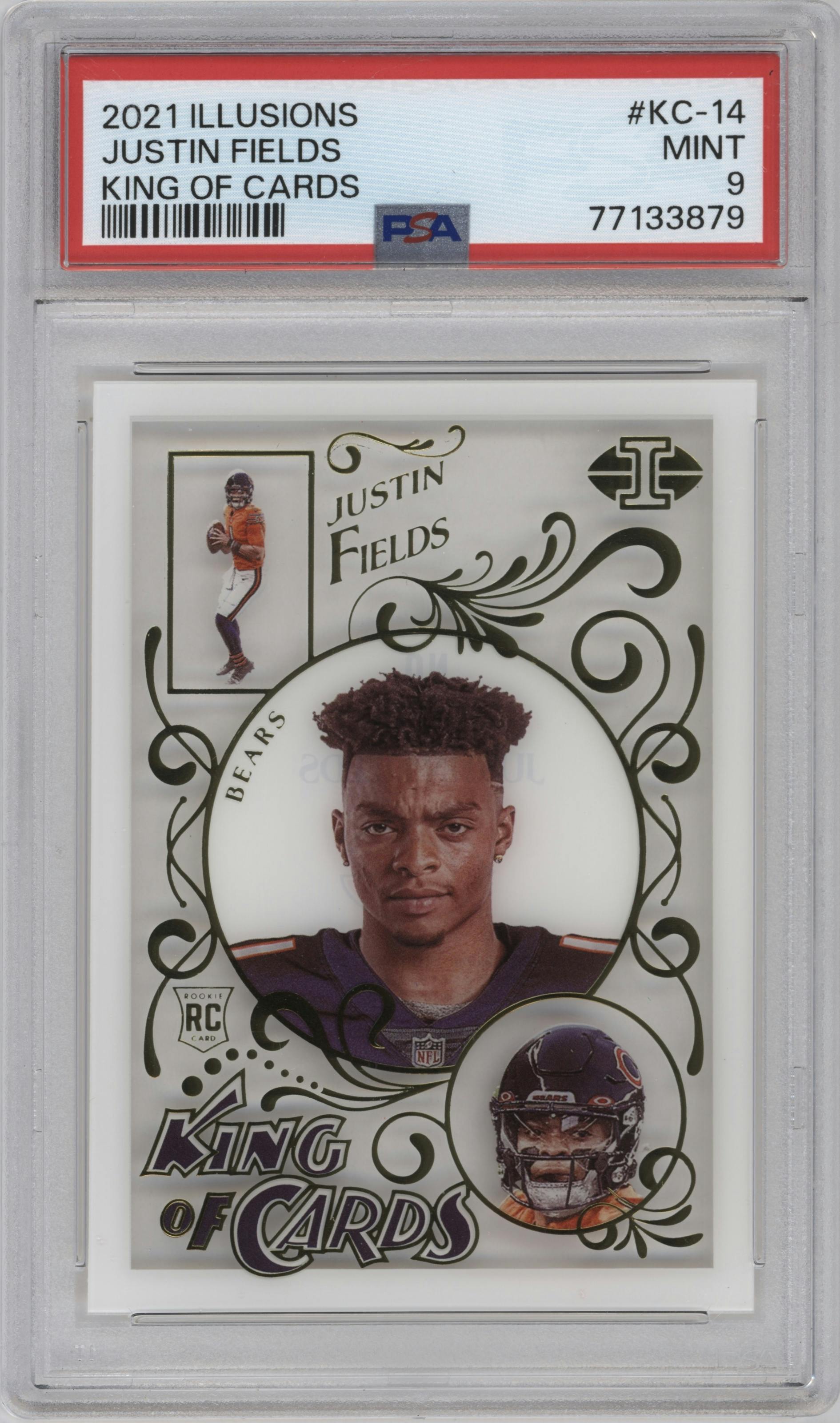 Justin Fields from the 2021 Panini Illusions set graded by PSA and given an overall grade of 9.