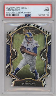 Jared Goff from the 2020 Panini Select set featuring a Die-Cut Zebra parallel graded by PSA and given an overall grade of 9.