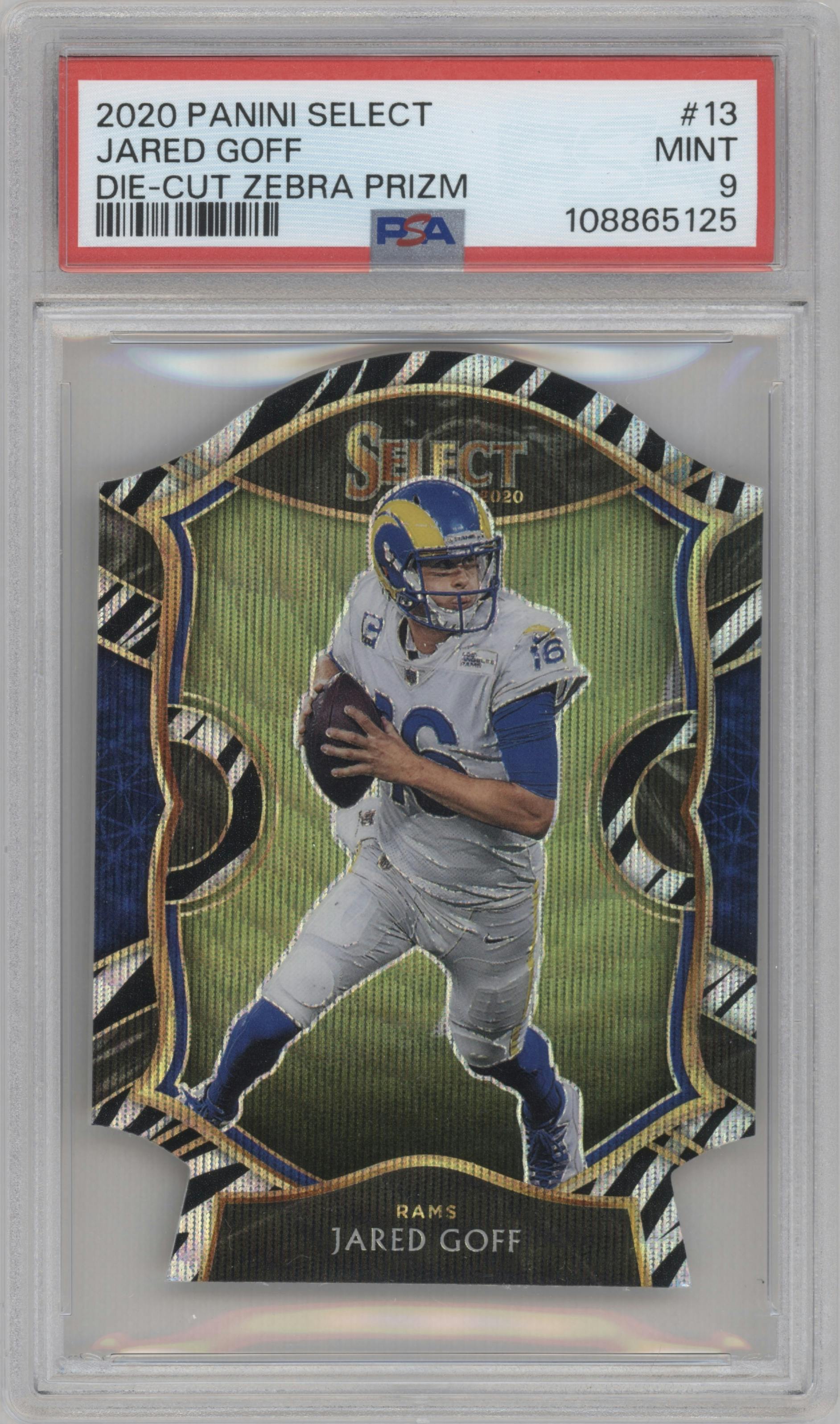 Jared Goff from the 2020 Panini Select set featuring a Die-Cut Zebra parallel graded by PSA and given an overall grade of 9.