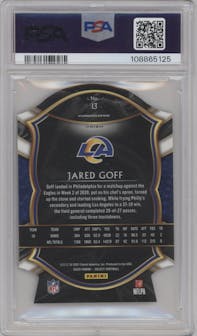 Jared Goff from the 2020 Panini Select set featuring a Die-Cut Zebra parallel graded by PSA and given an overall grade of 9.