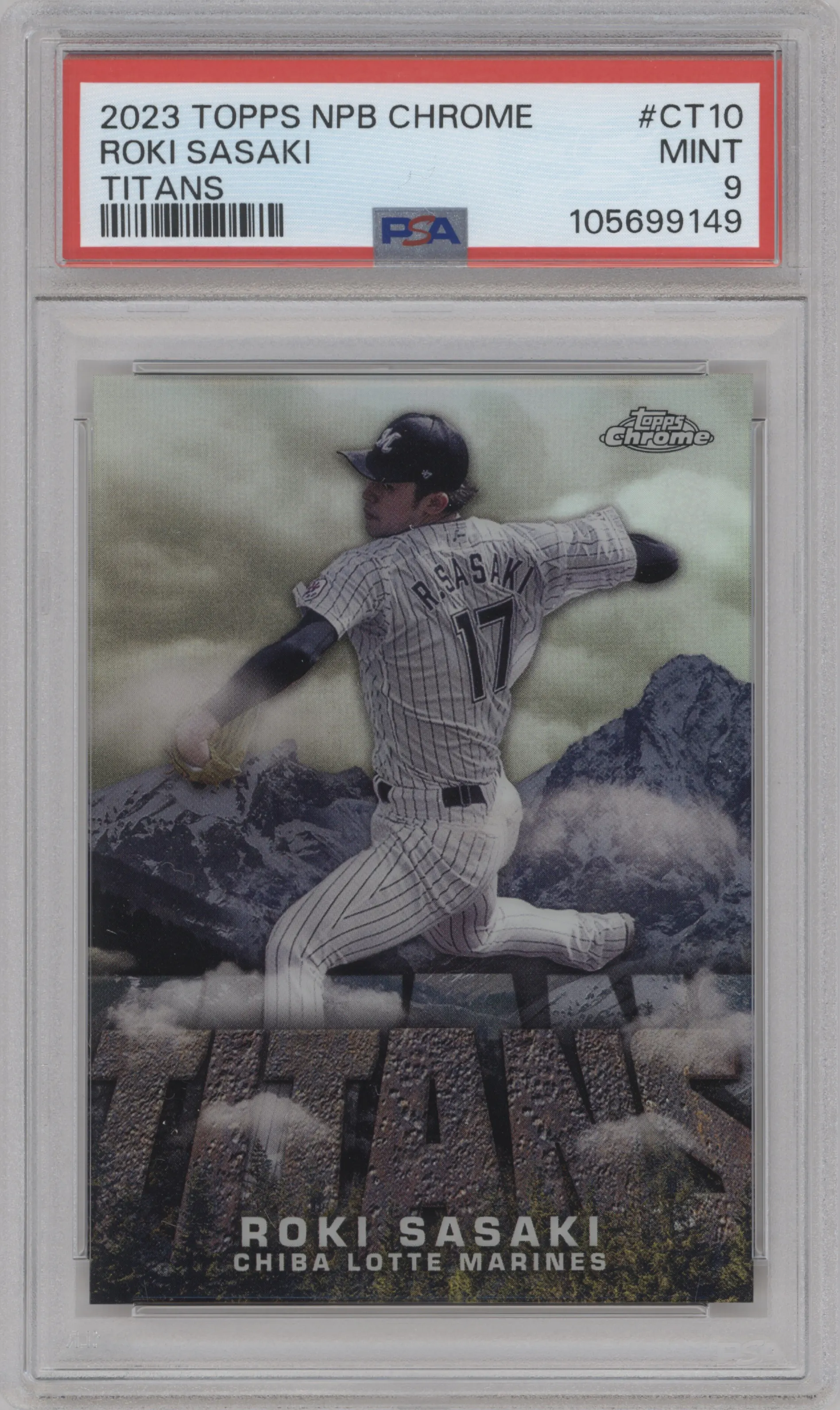 Roki Sasaki  from the 2023 Topps Chrome NPB set graded by PSA and given an overall grade of 9.