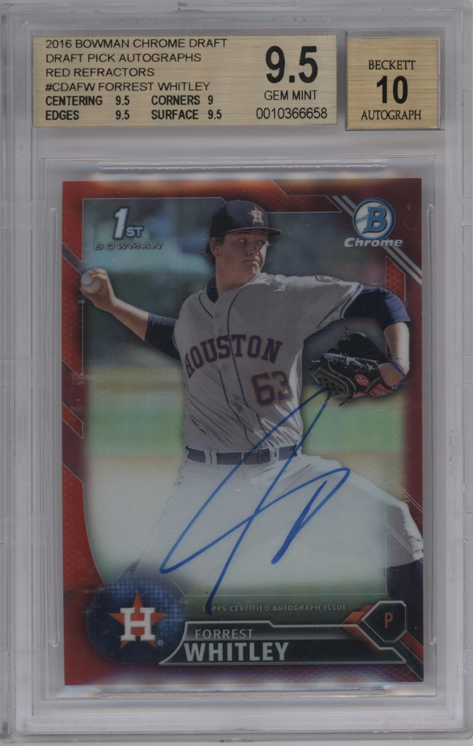 Forrest Whitley from the 2016 Bowman Draft set featuring a Red Refractor parallel graded by Beckett and given an overall grade of 9.5.