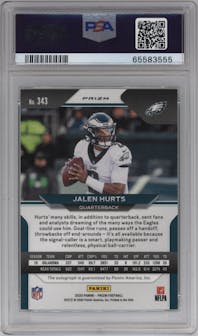 Jalen Hurts from the 2020 Panini Prizm set featuring a Neon Green Pulsar parallel graded by PSA and given an overall grade of 9.