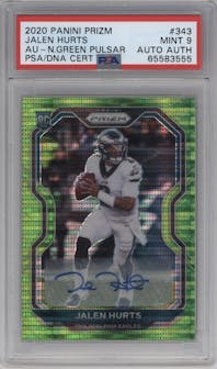 Jalen Hurts from the 2020 Panini Prizm set featuring a Neon Green Pulsar parallel graded by PSA and given an overall grade of 9.