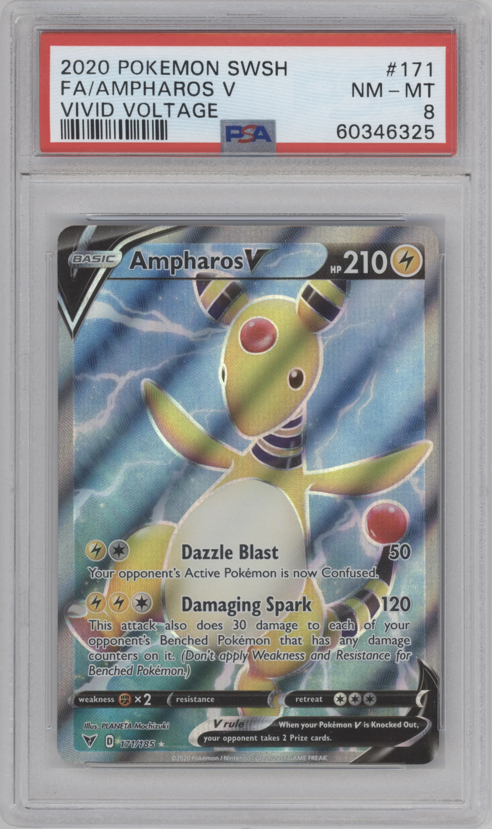 Ampharos V from the 2020 Pokemon SWSH set graded by PSA and given an overall grade of 8.