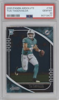 Tua Tagovailoa from the 2020 Panini Absolute set graded by PSA and given an overall grade of 10.