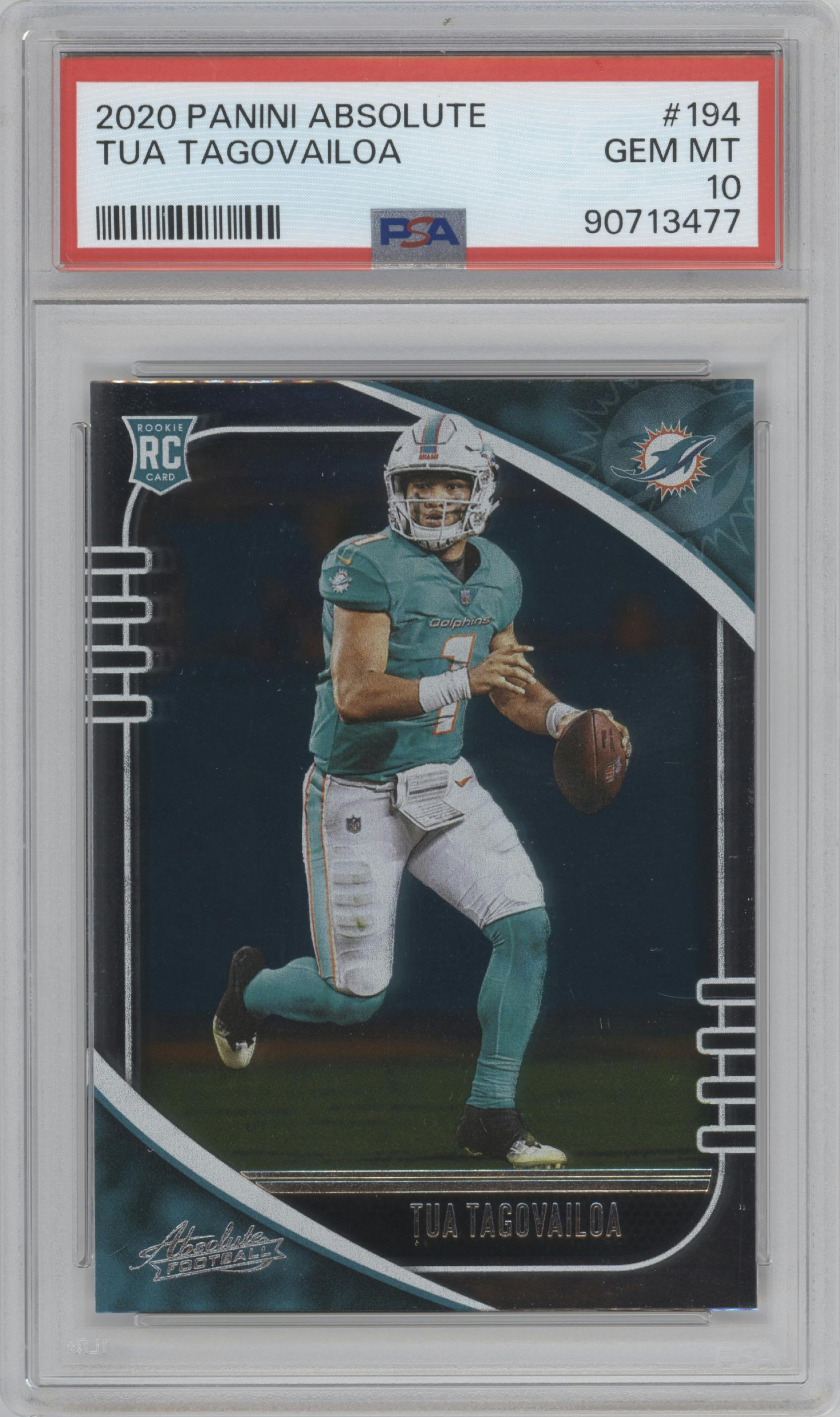 Tua Tagovailoa from the 2020 Panini Absolute set graded by PSA and given an overall grade of 10.