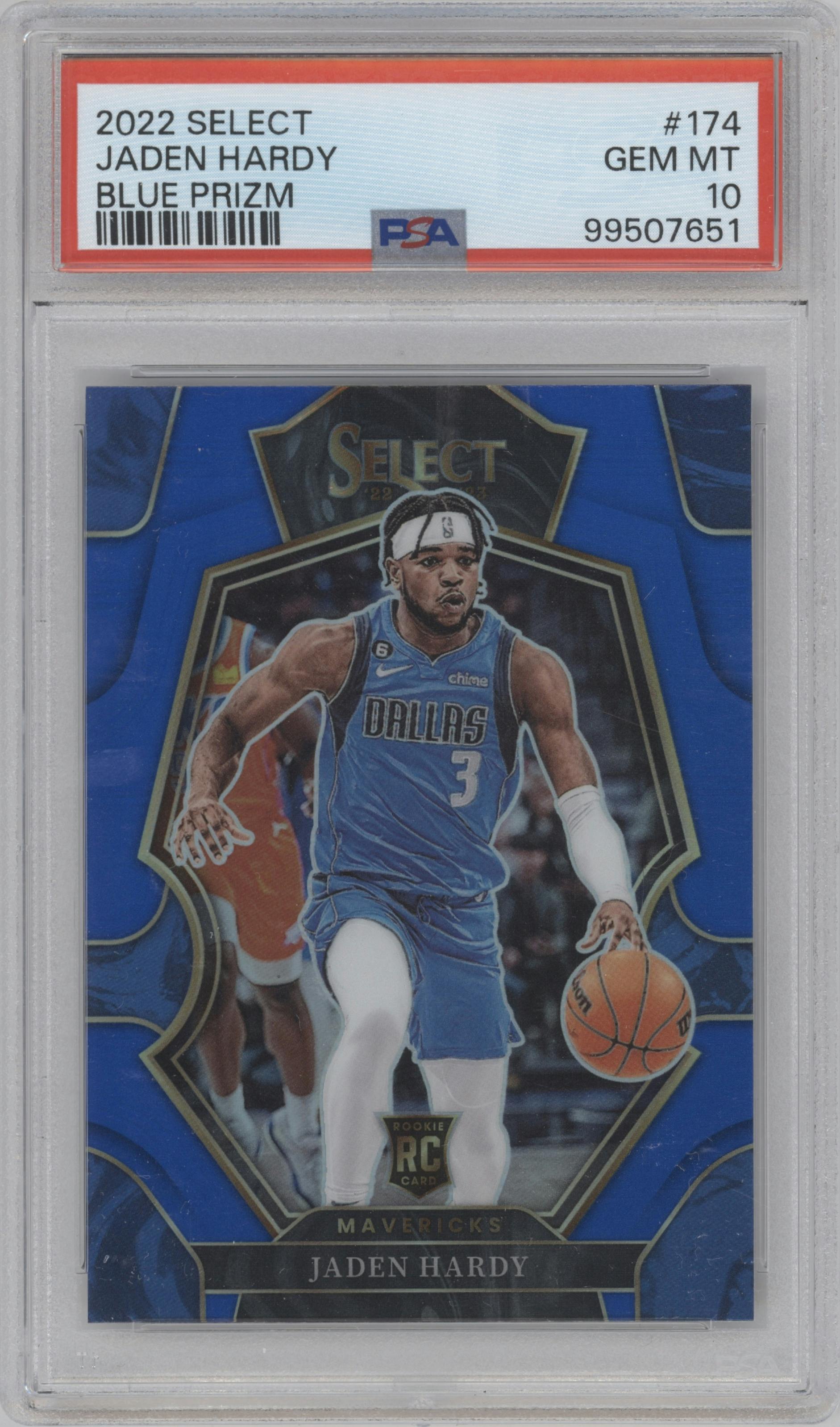 Jaden Hardy from the 2022-23 Panini Select set featuring a Blue Prizm parallel graded by PSA and given an overall grade of 10.