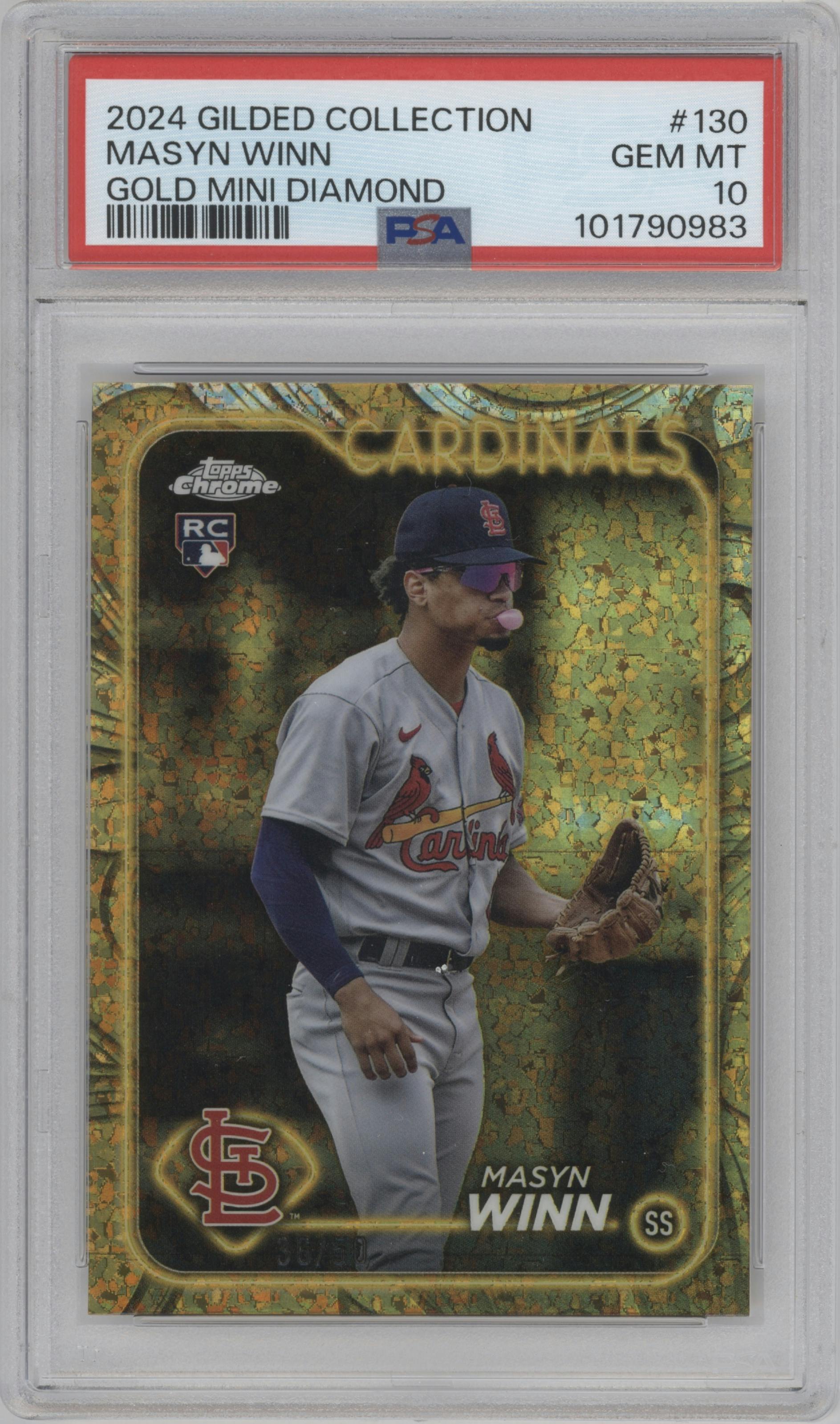 Masyn Winn from the 2024 Topps Gilded Collection set featuring a Mini-Diamond Gold Refractor parallel graded by PSA and given an overall grade of 10.