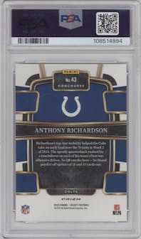 Anthony Richardson from the 2023 Panini Select set featuring a Tri-Color Prizms parallel graded by PSA and given an overall grade of 10.