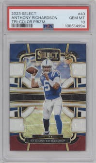 Anthony Richardson from the 2023 Panini Select set featuring a Tri-Color Prizms parallel graded by PSA and given an overall grade of 10.