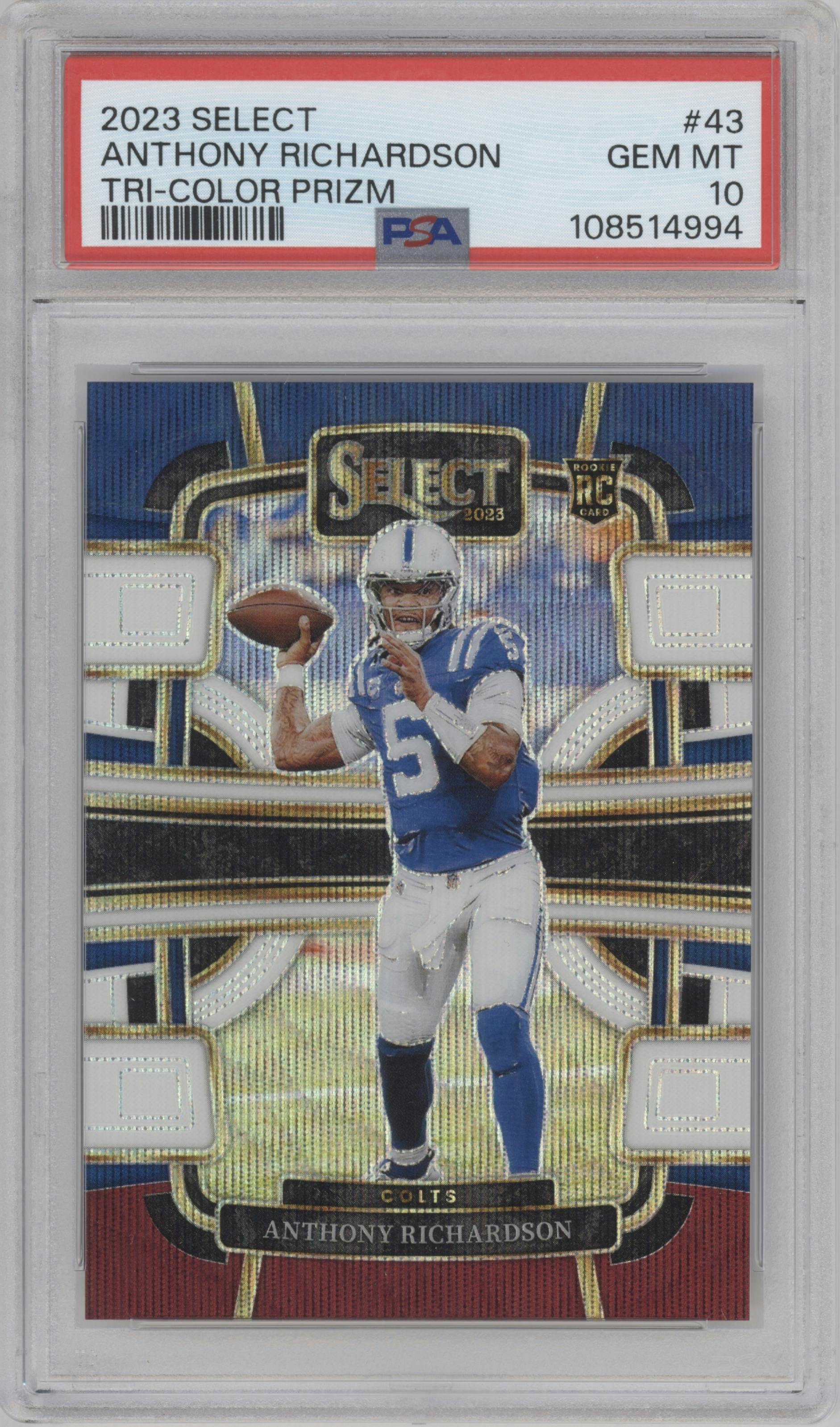 Anthony Richardson from the 2023 Panini Select set featuring a Tri-Color Prizms parallel graded by PSA and given an overall grade of 10.