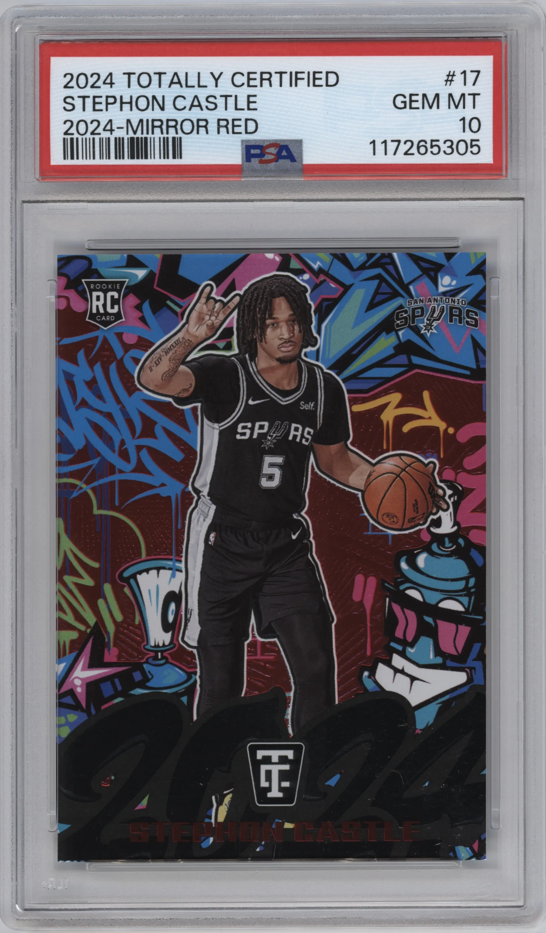 Stephon Castle from the 2024-25 Panini Totally Certified set featuring a Red Mirror parallel graded by PSA and given an overall grade of 10.