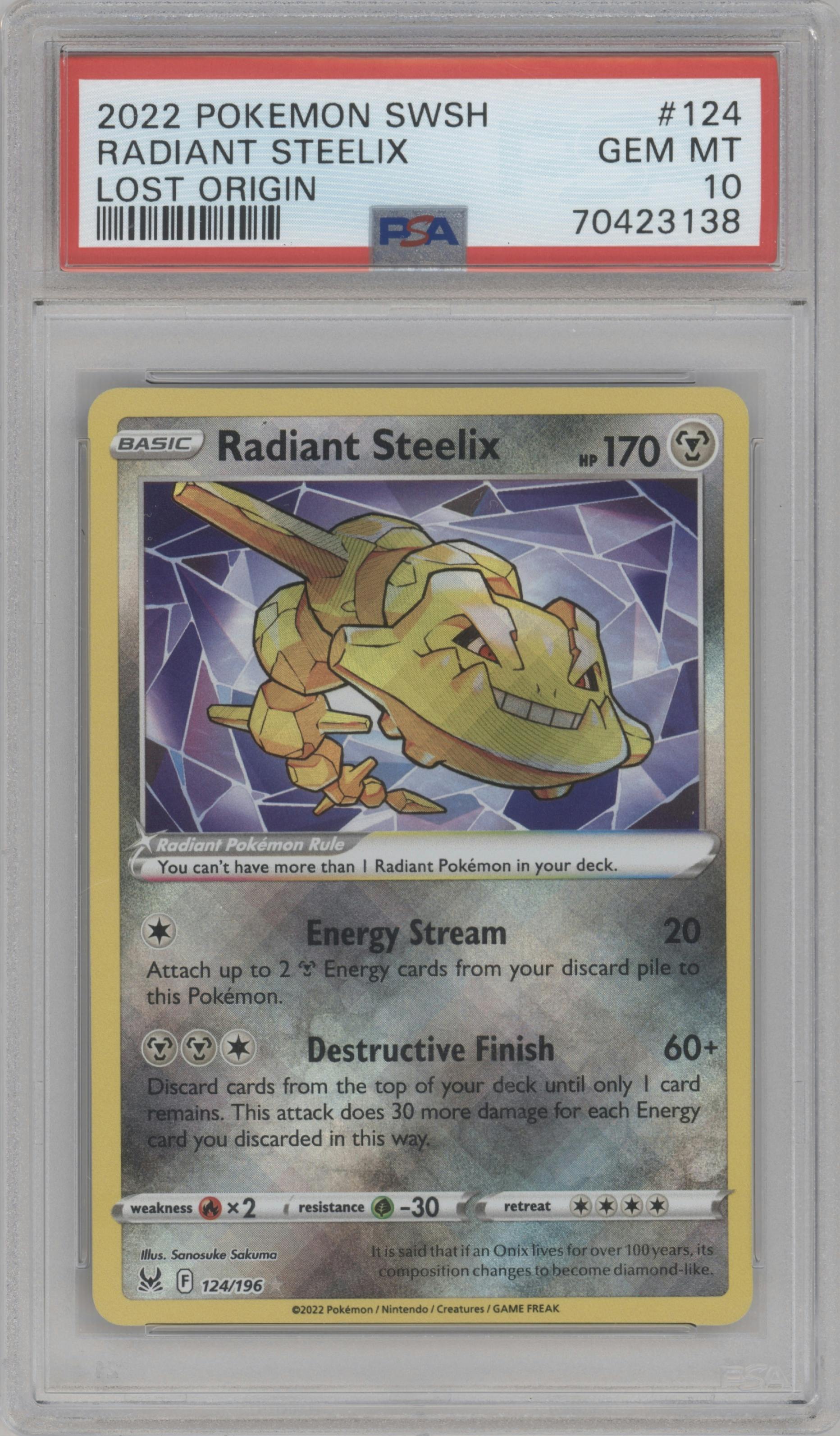Radiant Steelix from the 2022 Pokemon SWSH set graded by PSA and given an overall grade of 10.