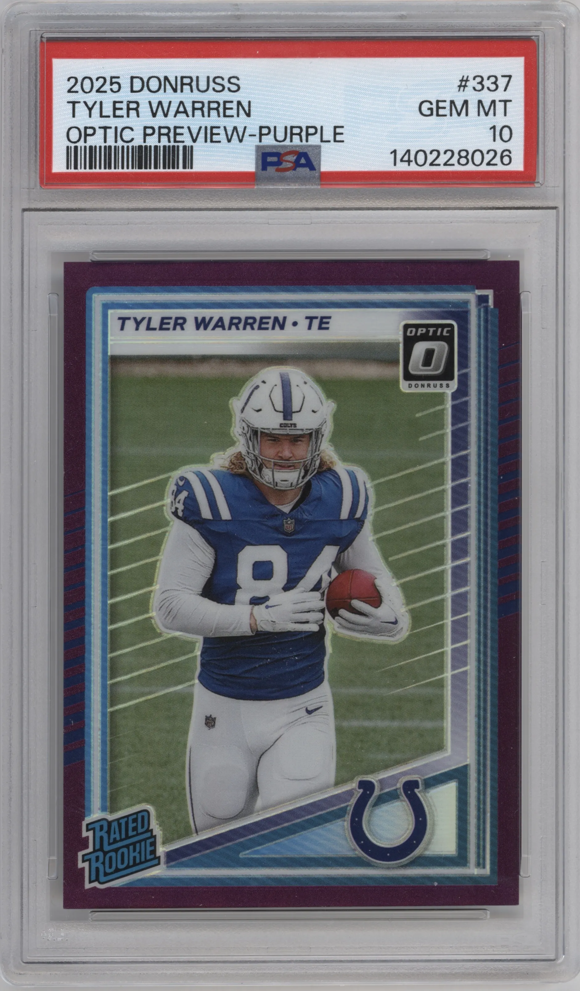 2025 Panini Donruss Opt.Rtd.Rke.Prev. Tyler Warren Purple PSA 10