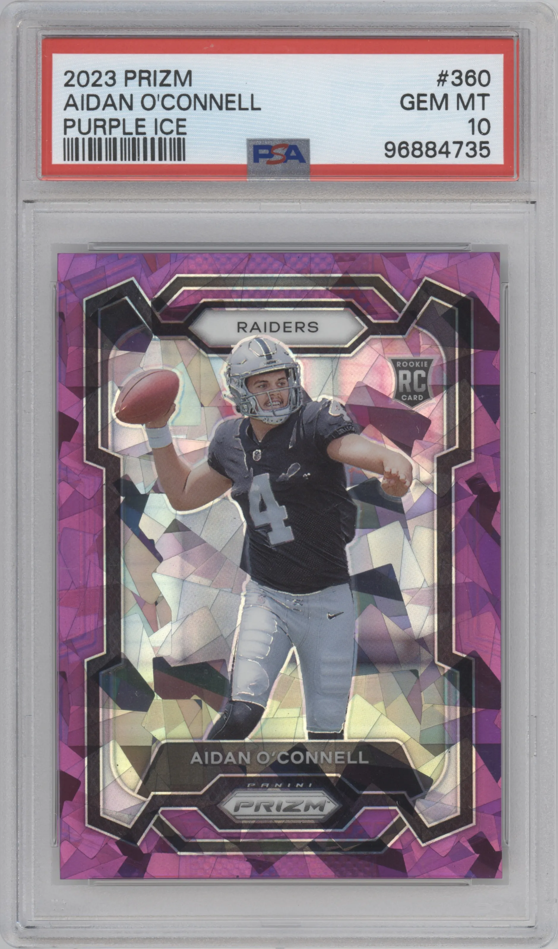 Aidan O'Connell from the 2023 Panini Prizm set featuring a Purple Ice parallel graded by PSA and given an overall grade of 10.