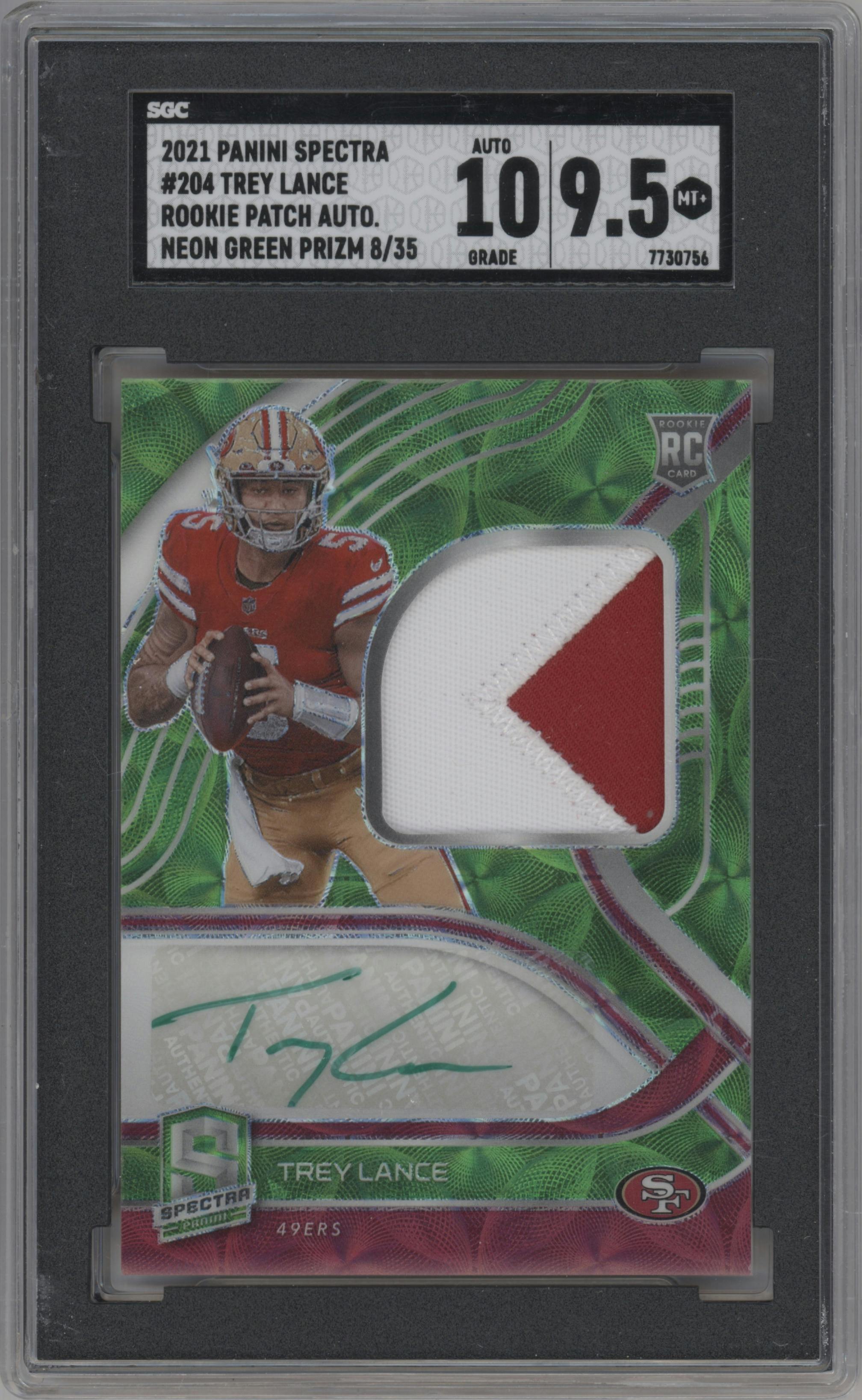 Trey Lance from the 2021 Panini Spectra set featuring a Neon Green parallel graded by SGC and given an overall grade of 9.5.