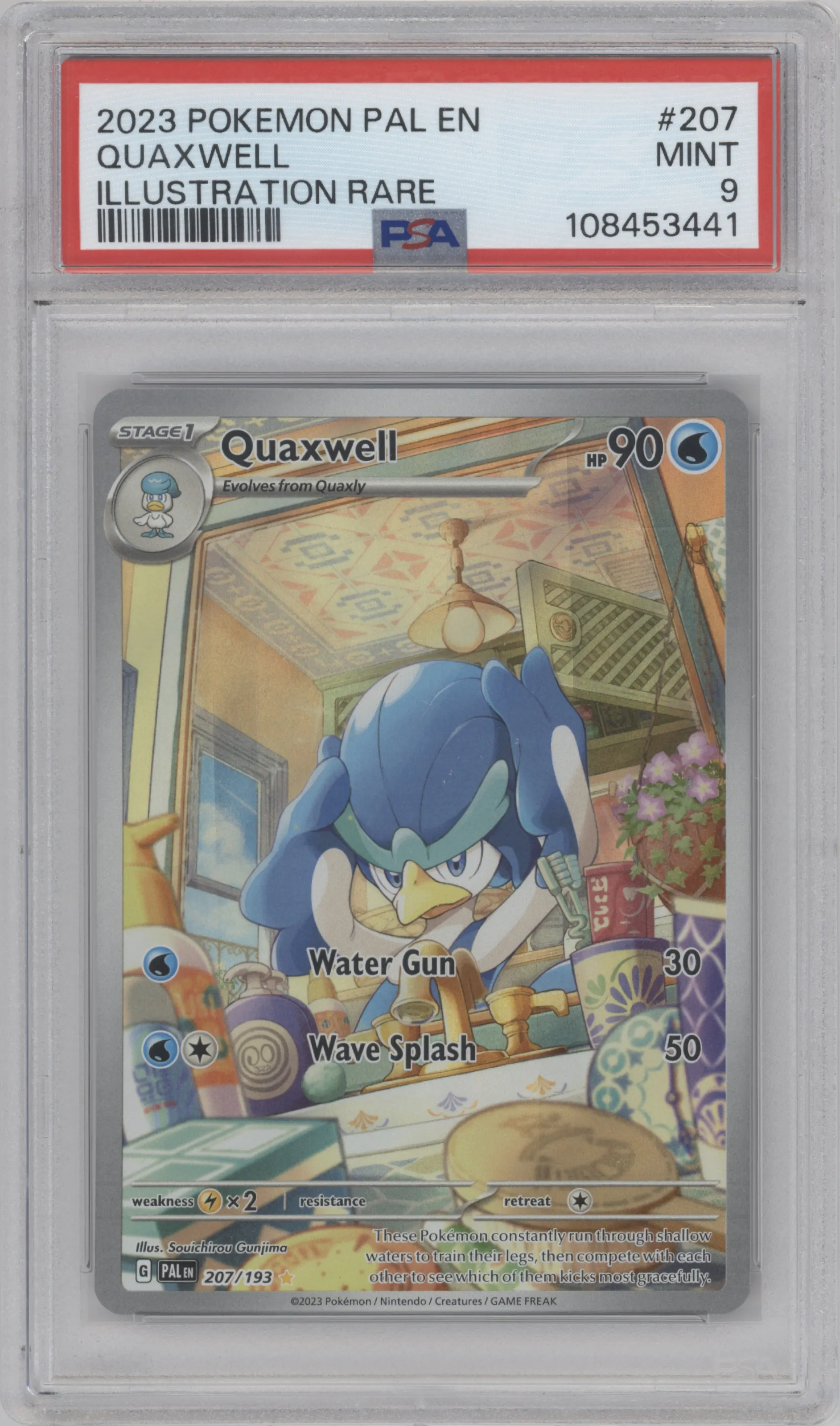 Quaxwell from the 2023 Pokemon SV set graded by PSA and given an overall grade of 9.