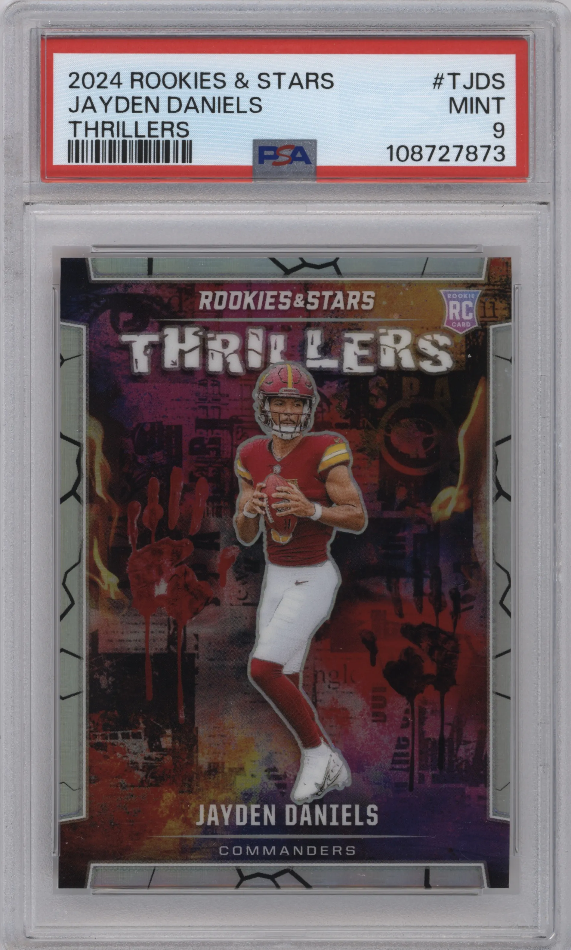 Jayden Daniels from the 2024 Panini Rookies & Stars set graded by PSA and given an overall grade of 9.