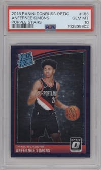 Anfernee Simons from the 2018-19 Panini Donruss Optic set featuring a Purple Stars FOTL parallel graded by PSA and given an overall grade of 10.