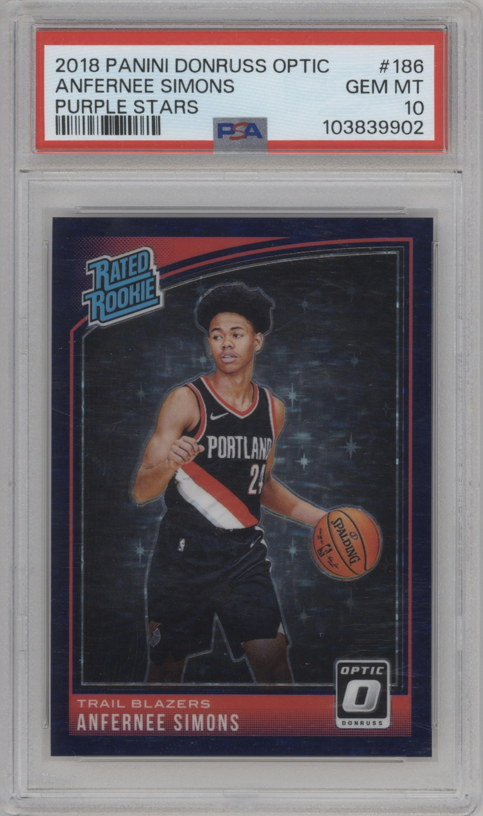 Anfernee Simons from the 2018-19 Panini Donruss Optic set featuring a Purple Stars FOTL parallel graded by PSA and given an overall grade of 10.