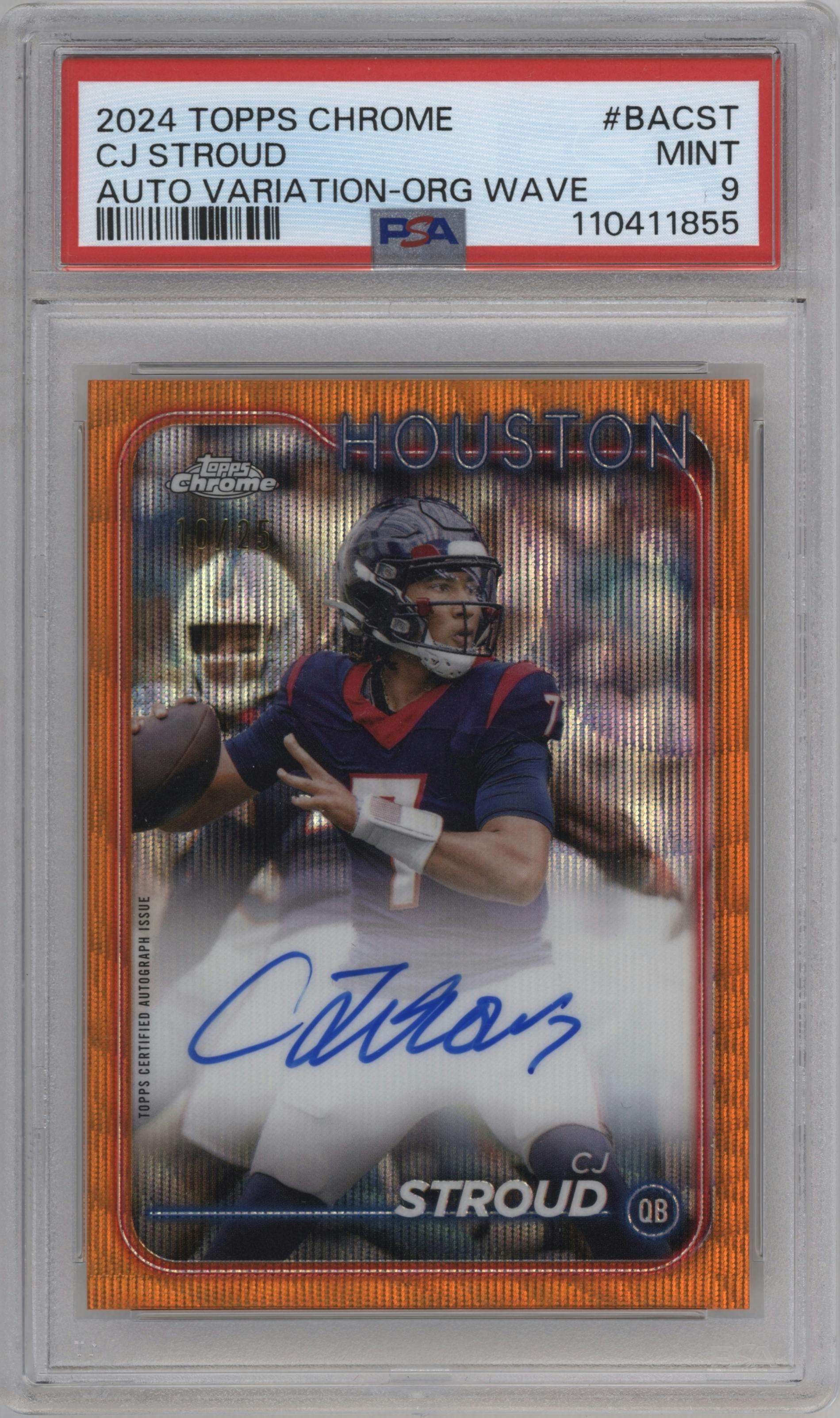 CJ Stroud from the 2024 Topps Chrome set featuring a Orange Wave Refractor parallel graded by PSA and given an overall grade of 9.