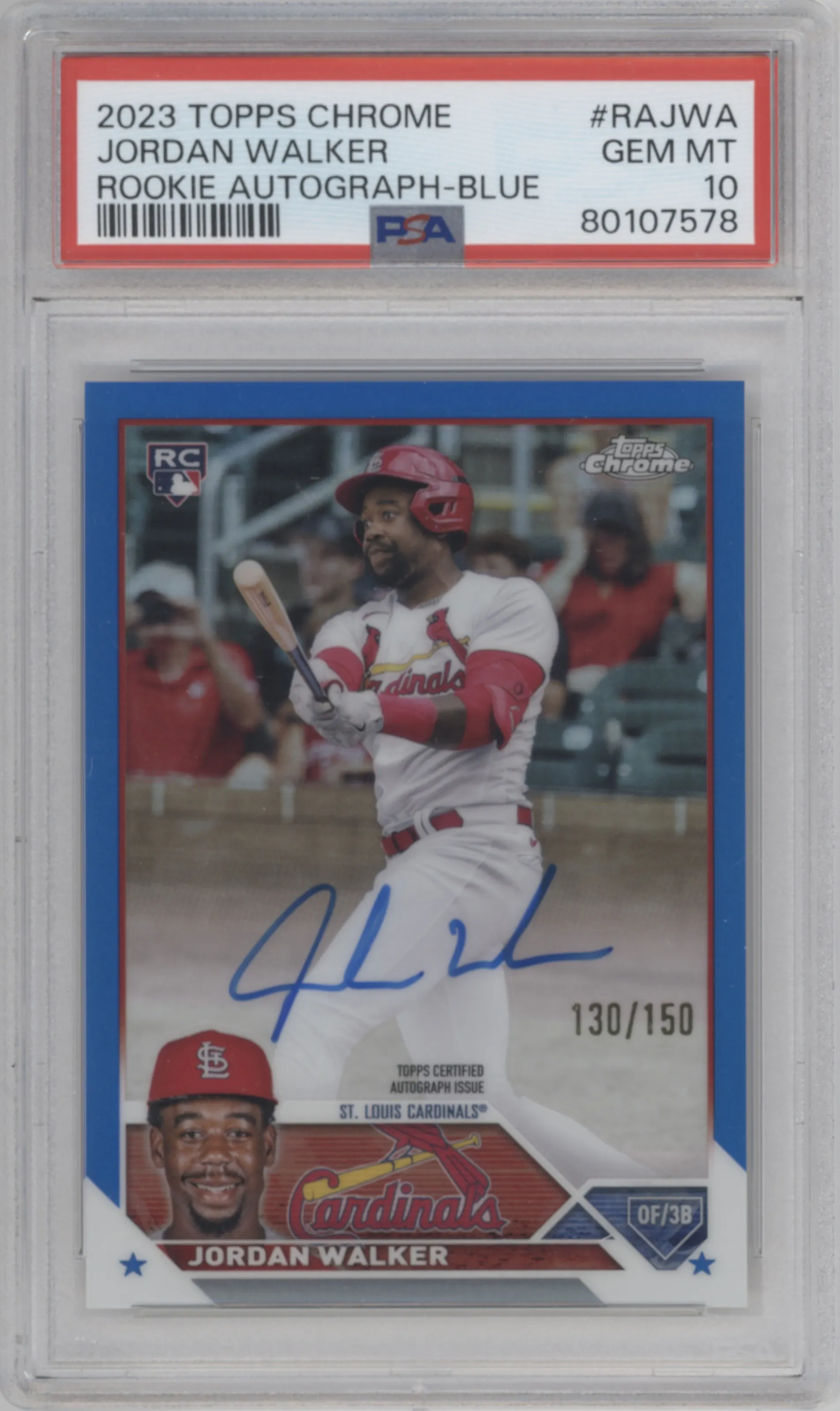 Jordan Walker from the 2023 Topps Chrome set featuring a Blue Refractor parallel graded by PSA and given an overall grade of 10.