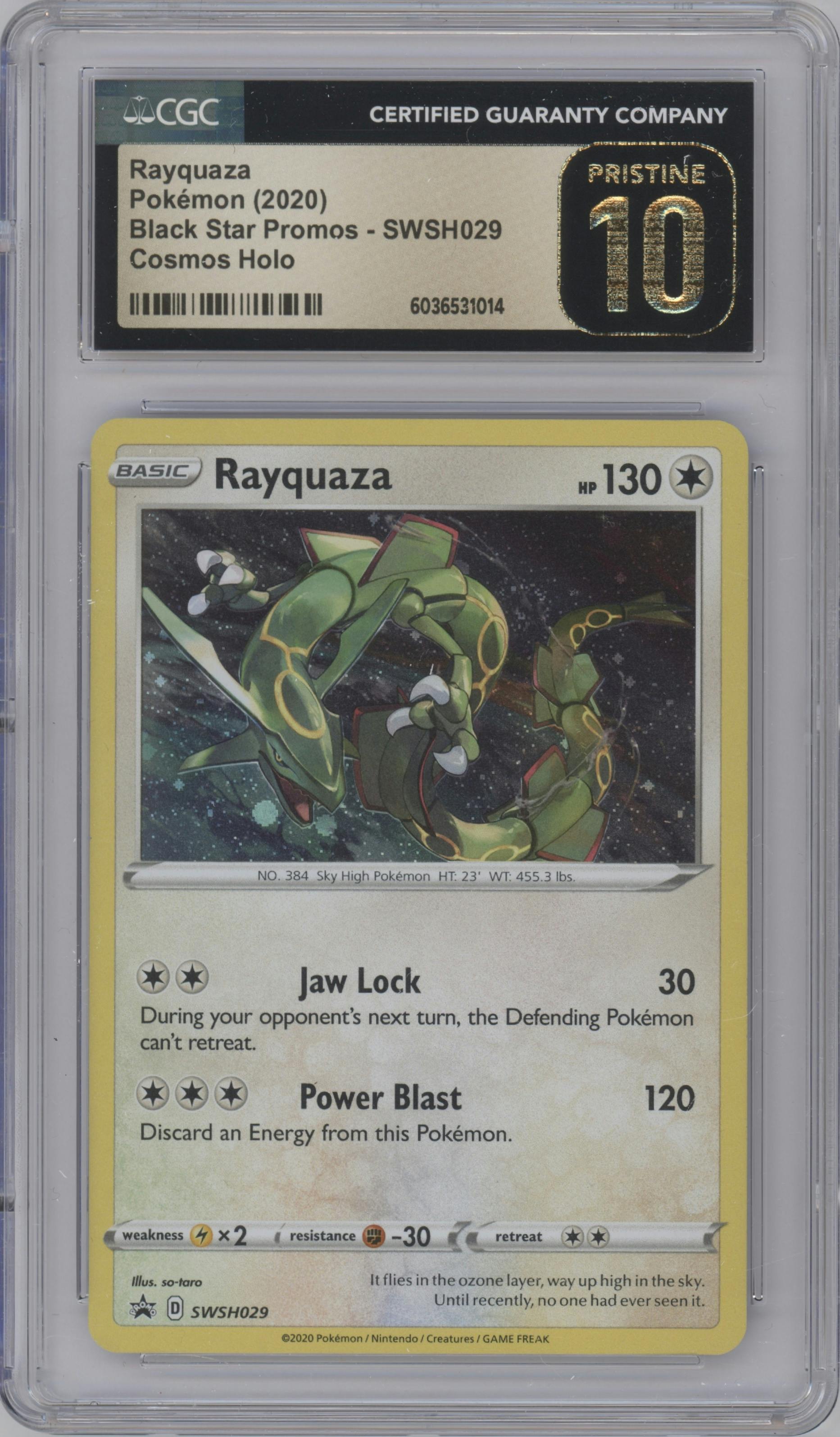 Rayquaza from the 2020 Pokemon SWSH set featuring a Rebel Clash Single Blister Packs parallel graded by CSG and given an overall grade of 10.