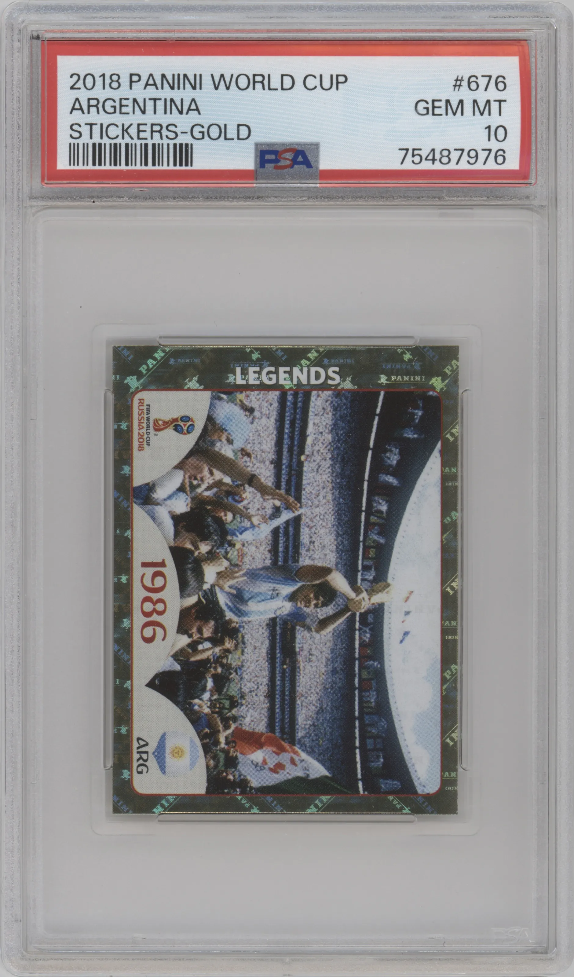 Argentina 1986 from the 2018 Panini World Cup Stickers Russia set featuring a Gold parallel graded by PSA and given an overall grade of 10.