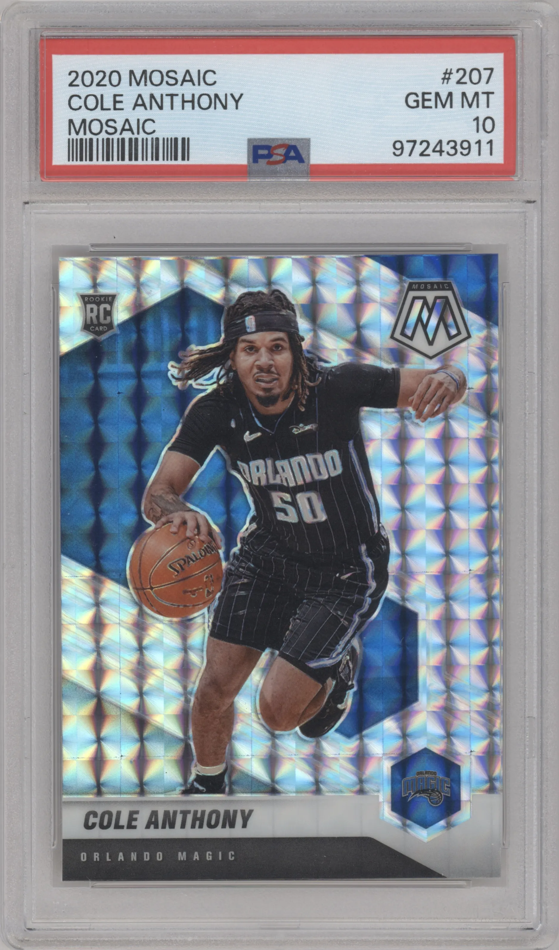 Cole Anthony from the 2020-21 Panini Mosaic set featuring a Mosaic parallel graded by PSA and given an overall grade of 10.