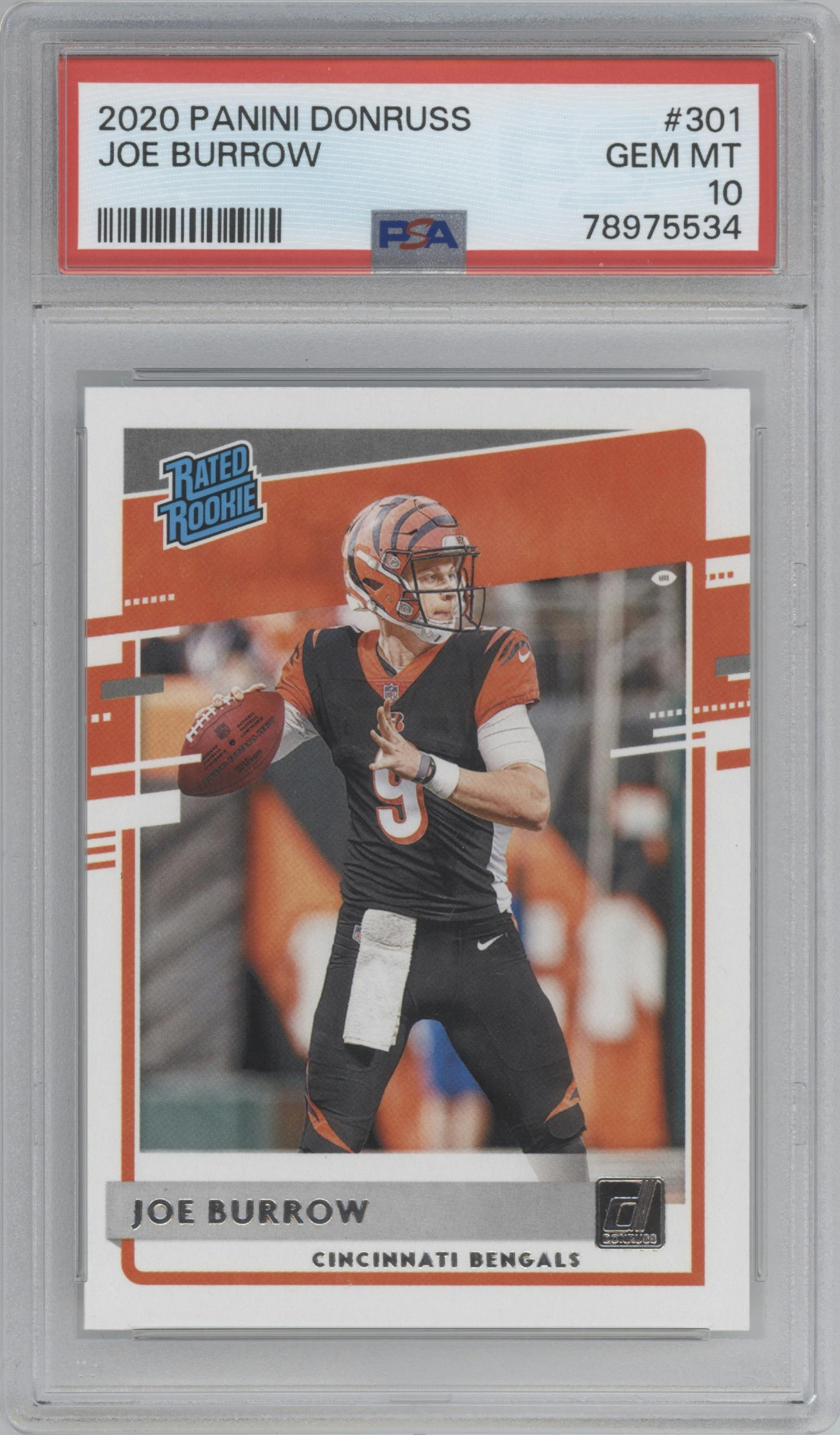 Joe Burrow from the 2020 Panini Donruss set graded by PSA and given an overall grade of 10.