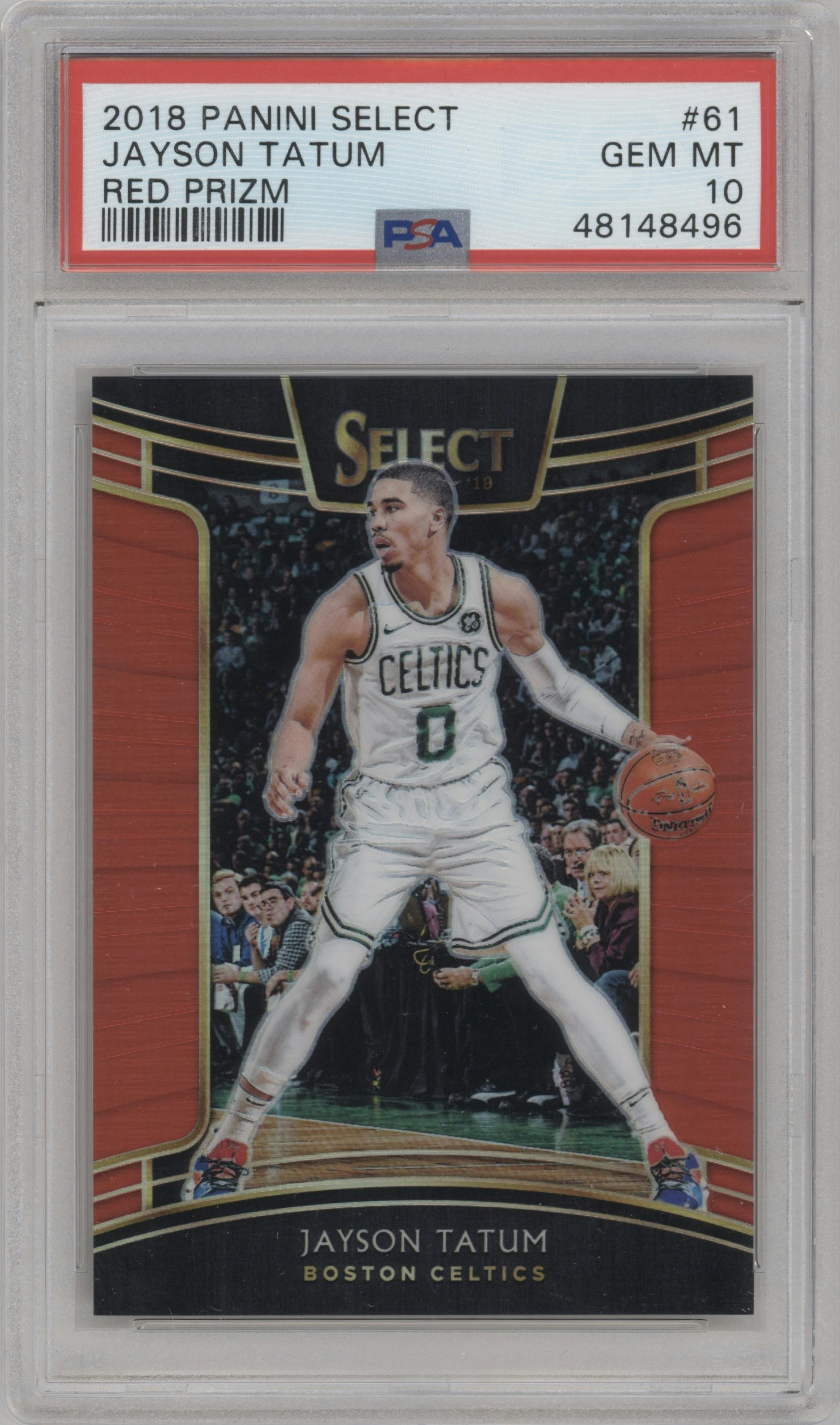 Jayson Tatum from the 2018-19 Panini Select  set featuring a Red Prizm parallel graded by PSA and given an overall grade of 10.
