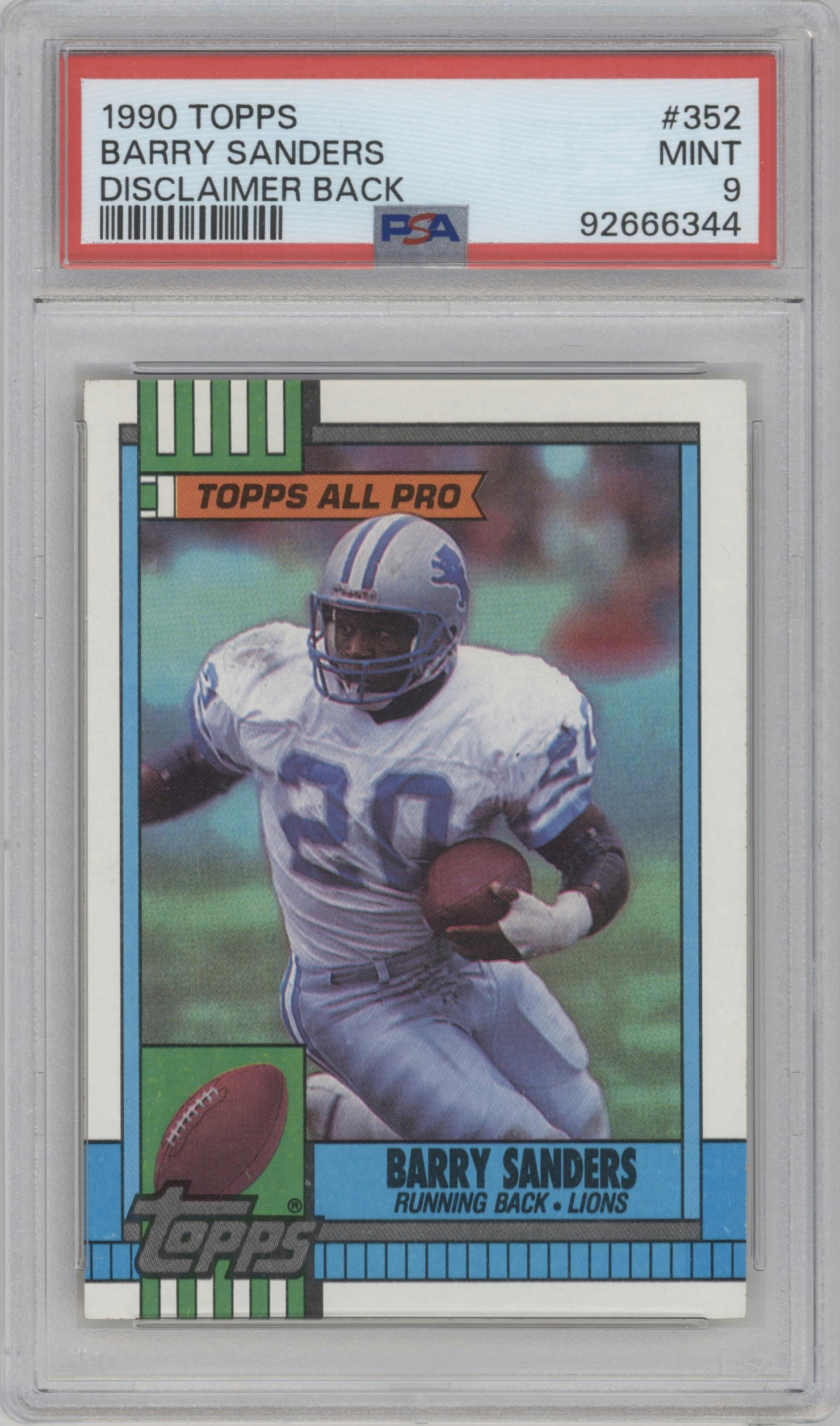 Barry Sanders from the 1990 Topps set featuring a Variation parallel graded by PSA and given an overall grade of 9.