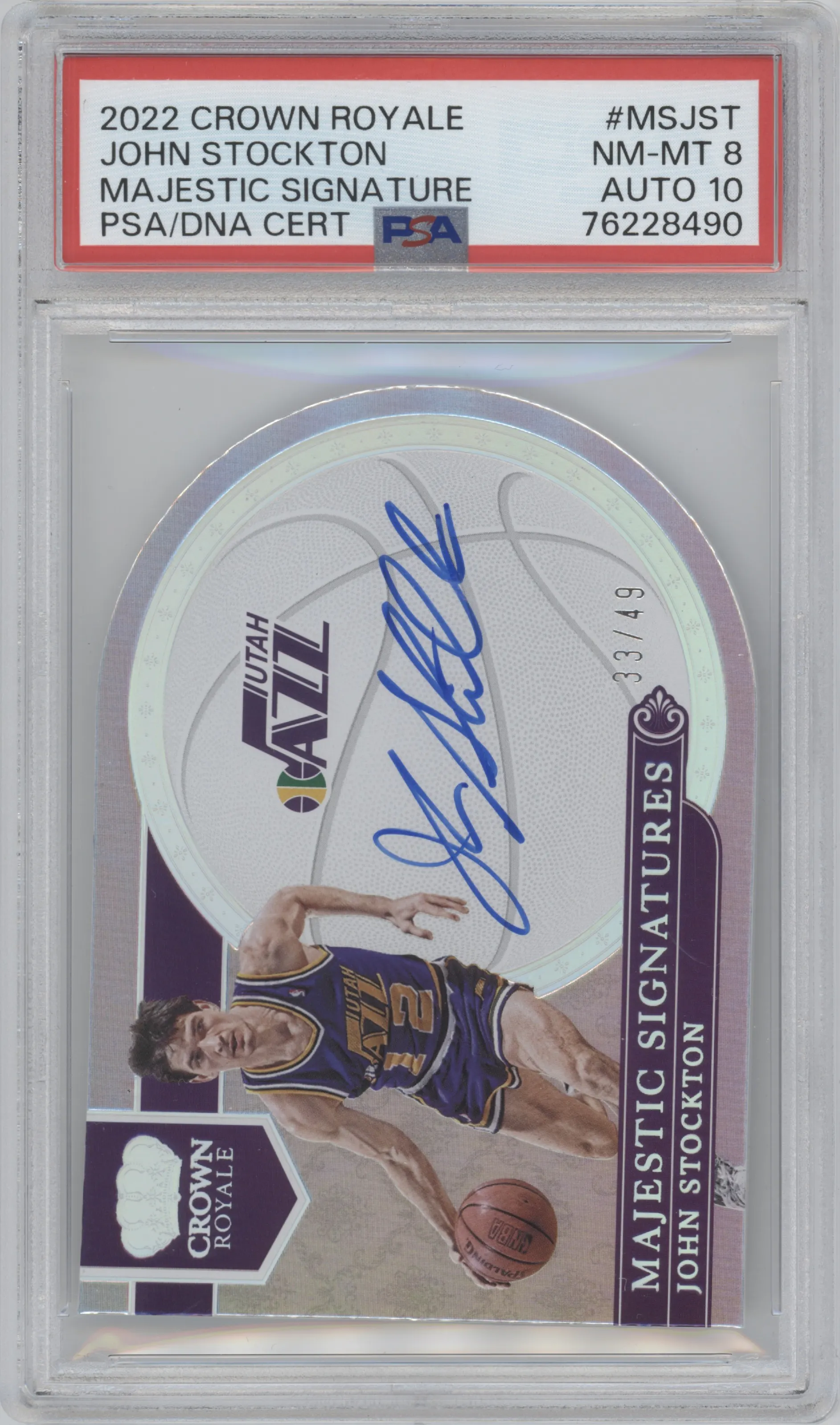 John Stockton from the 2022-23 Panini Crown Royale set graded by PSA and given an overall grade of 8.
