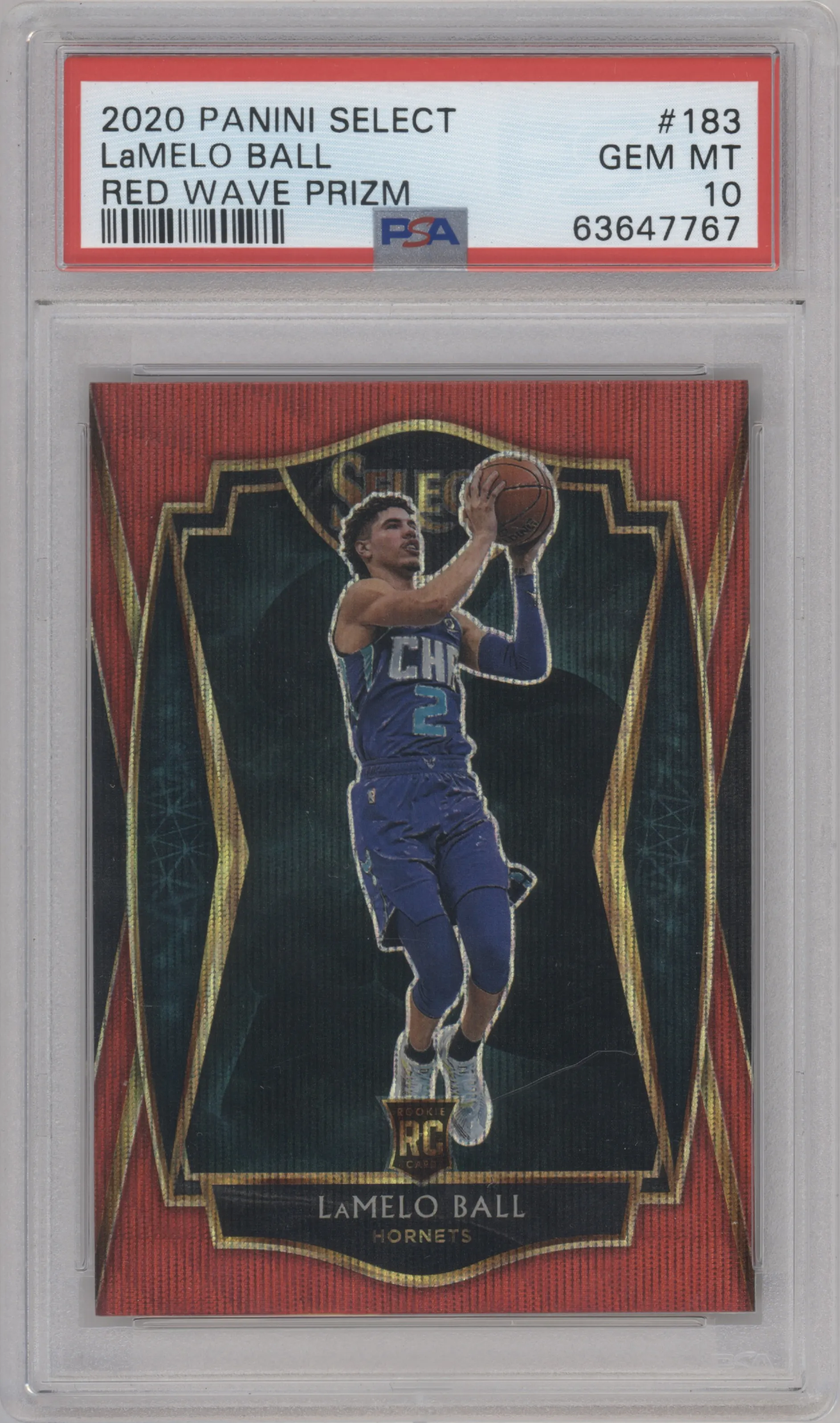 LaMelo Ball from the 2020-21 Panini Select  set featuring a Red Wave parallel graded by PSA and given an overall grade of 10.