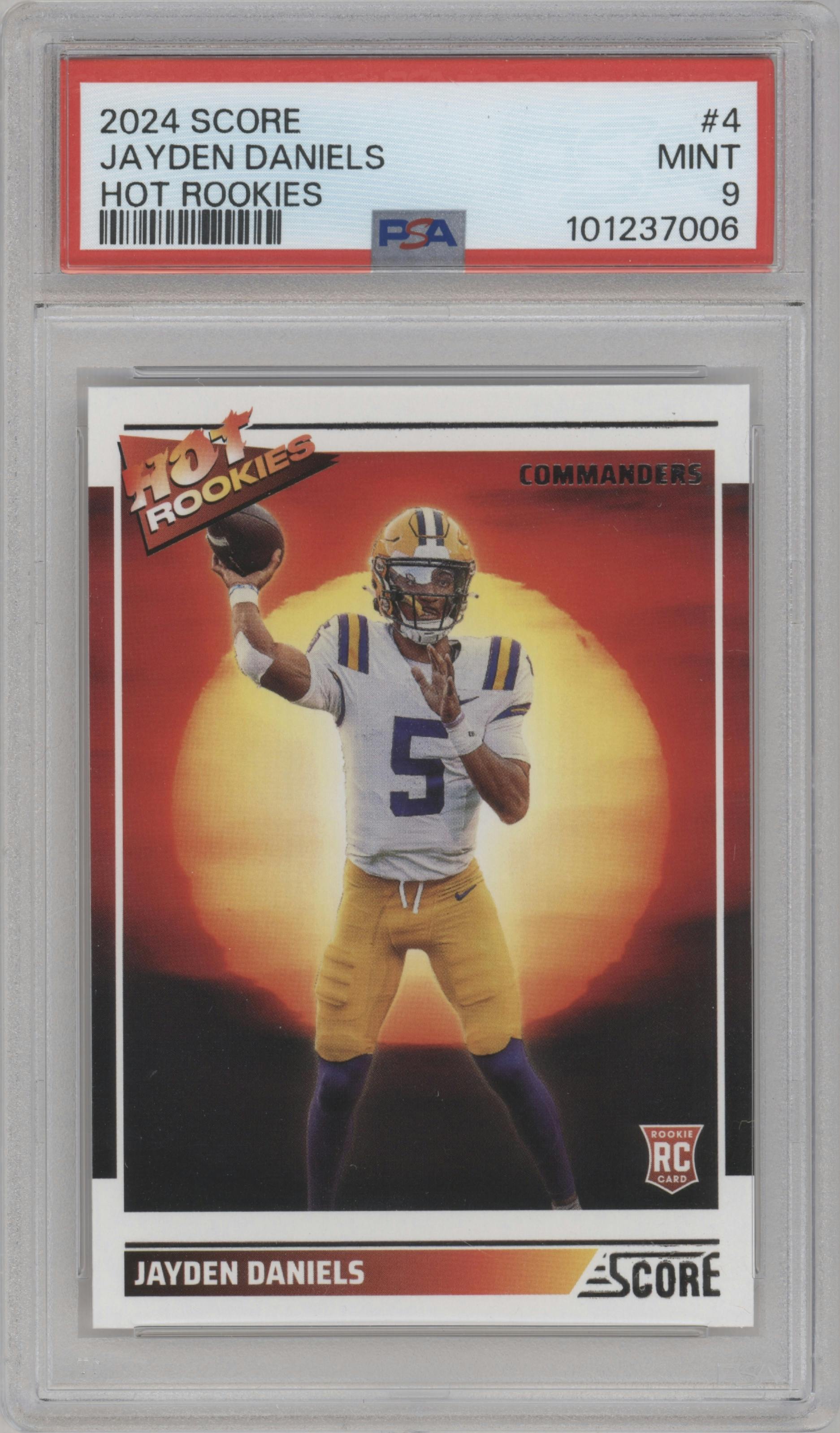Jayden Daniels  from the 2024 Panini Score set graded by PSA and given an overall grade of 9.