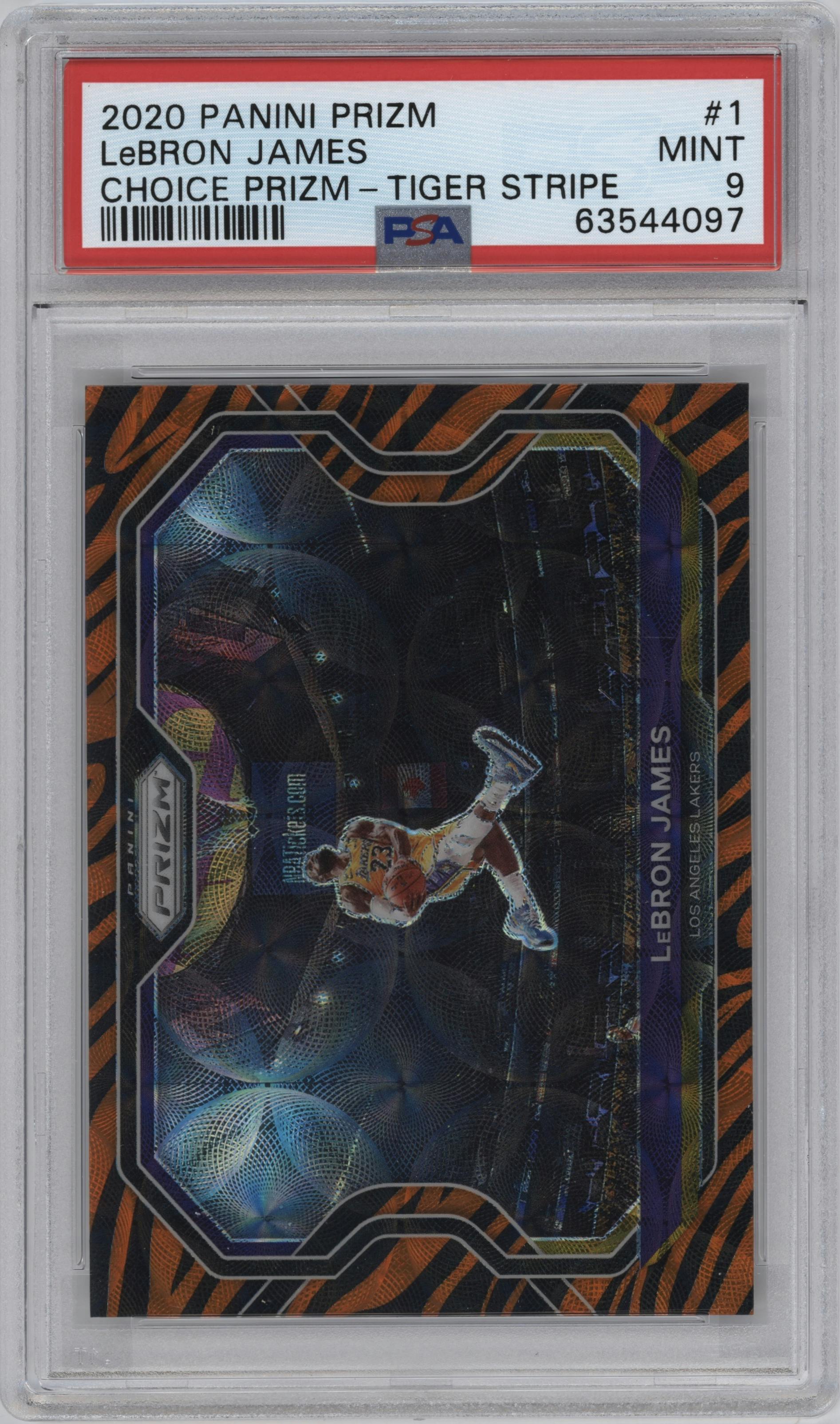 LeBron James from the 2020-21 Panini Prizm set featuring a Choice Tiger Stripe parallel graded by PSA and given an overall grade of 9.