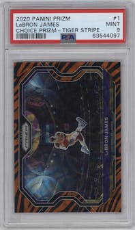 LeBron James from the 2020-21 Panini Prizm set featuring a Choice Tiger Stripe parallel graded by PSA and given an overall grade of 9.