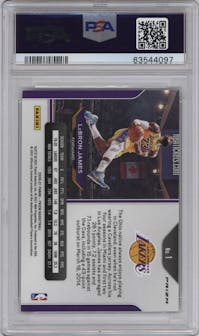 LeBron James from the 2020-21 Panini Prizm set featuring a Choice Tiger Stripe parallel graded by PSA and given an overall grade of 9.