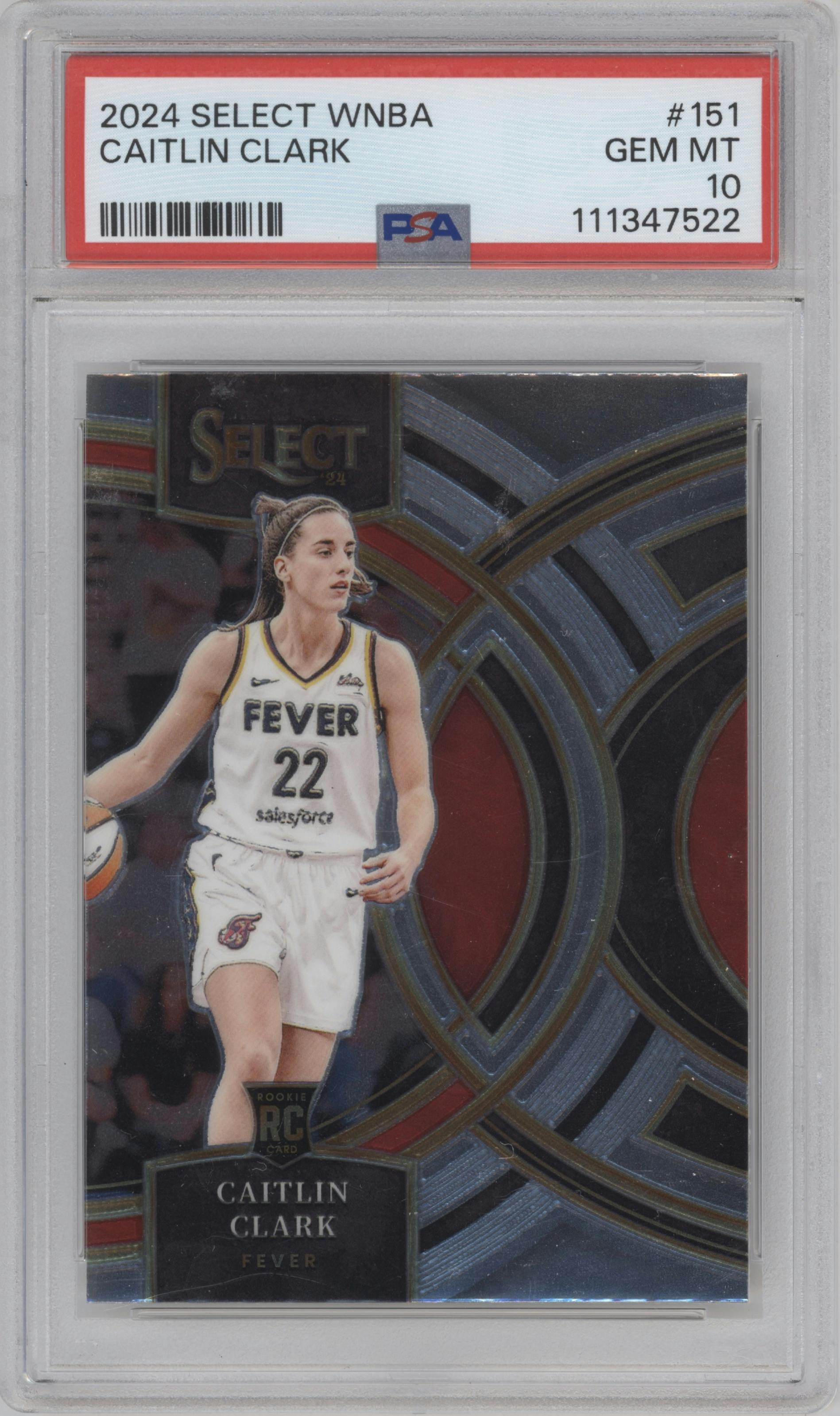 Caitlin Clark from the 2024 Panini Select WNBA set graded by PSA and given an overall grade of 10.
