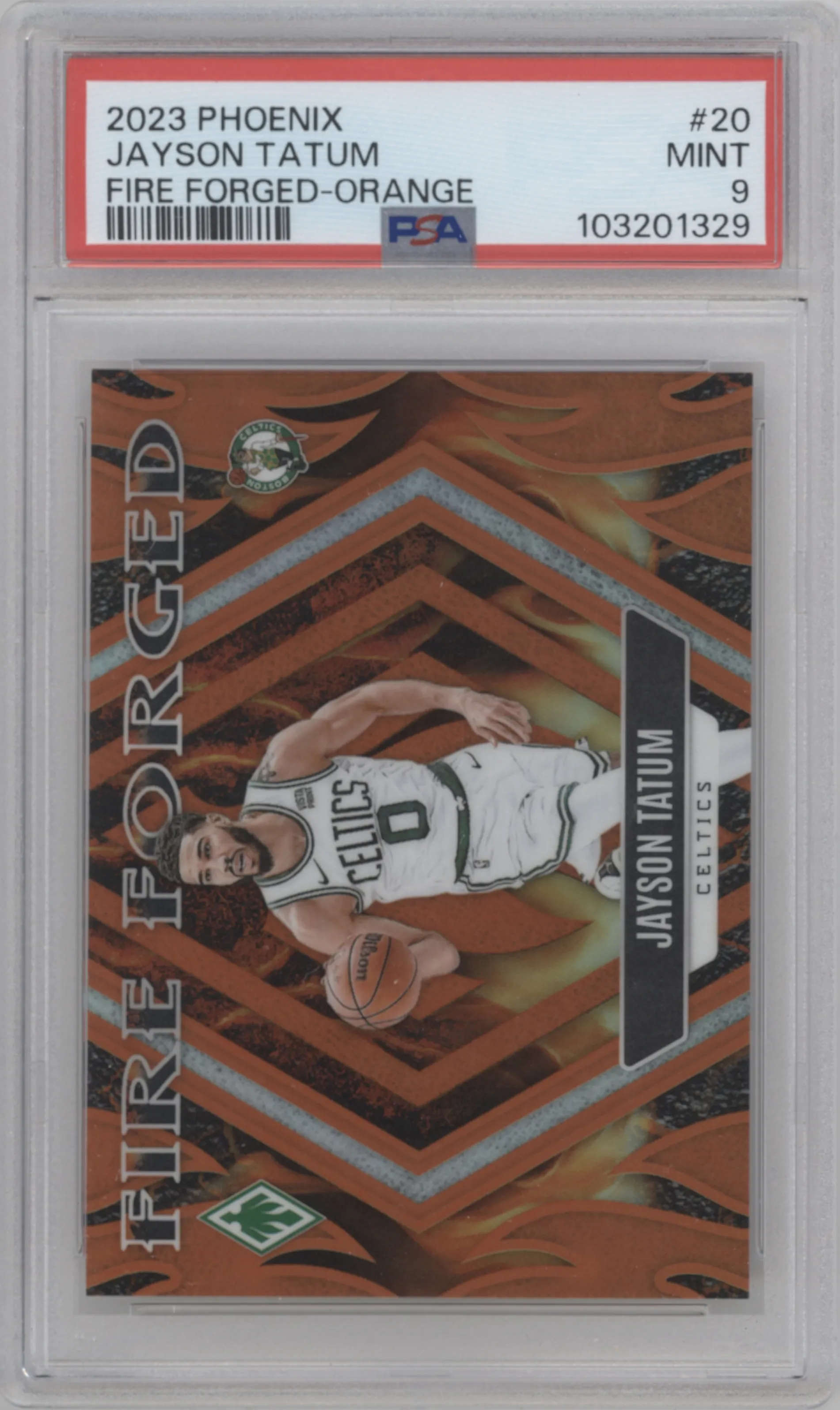 Jayson Tatum from the 2023-24 Panini Phoenix set featuring a Orange parallel graded by PSA and given an overall grade of 9.