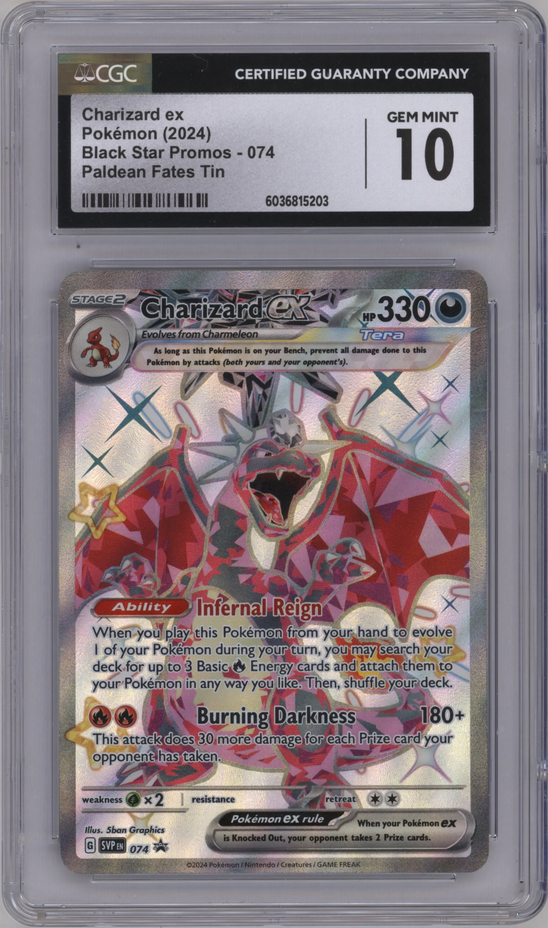 Charizard ex from the 2024 Pokemon SV set featuring a Paldean Fates Tera Charizard ex tin parallel graded by CSG and given an overall grade of 10.