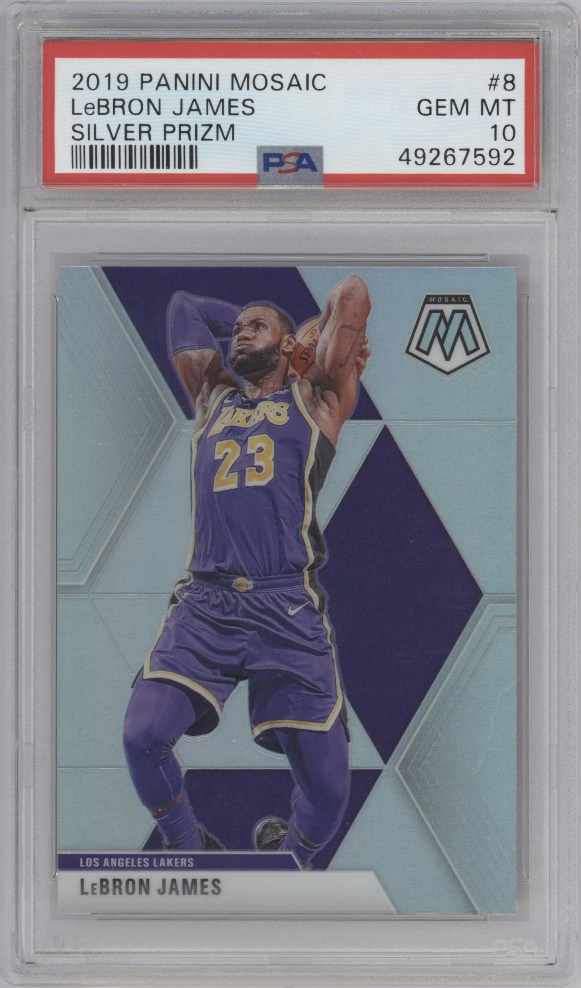 LeBron James from the 2019-20 Panini Mosaic  set featuring a Silver parallel graded by PSA and given an overall grade of 10.