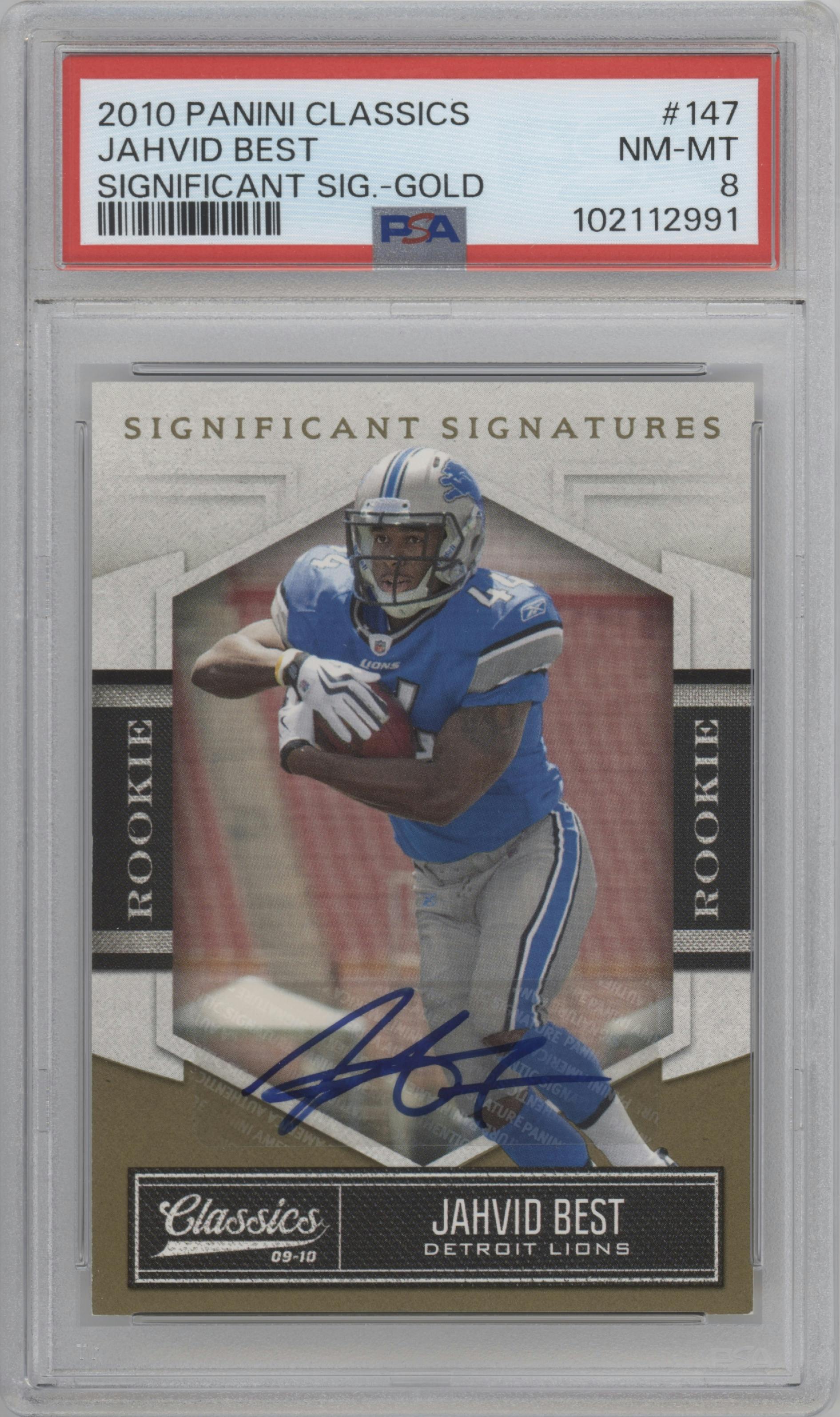 Jahvid Best from the 2010 Panini Classics set featuring a Gold parallel graded by PSA and given an overall grade of 8.