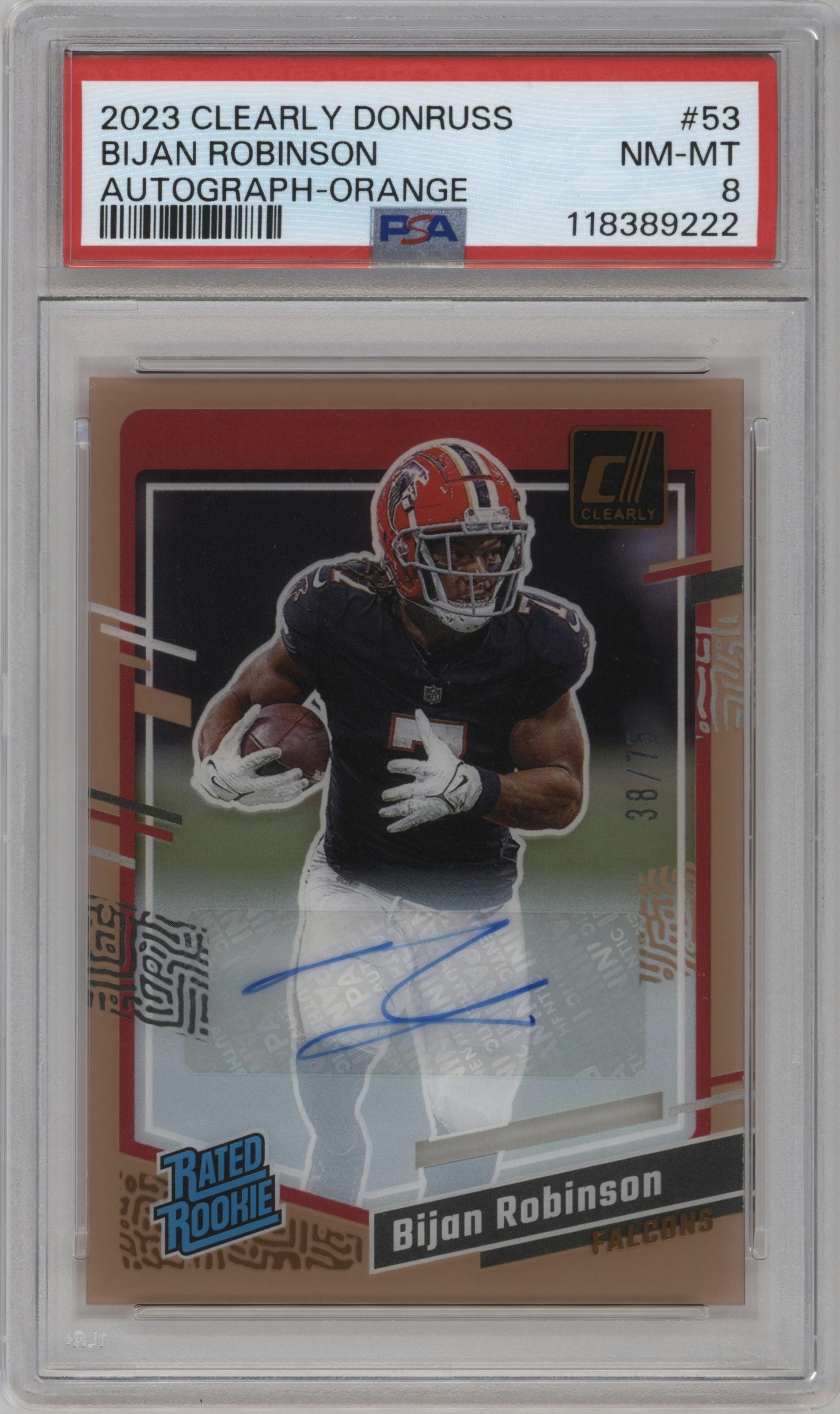 Bijan Robinson from the 2023 Clearly Donruss set featuring a Orange parallel graded by PSA and given an overall grade of 8.