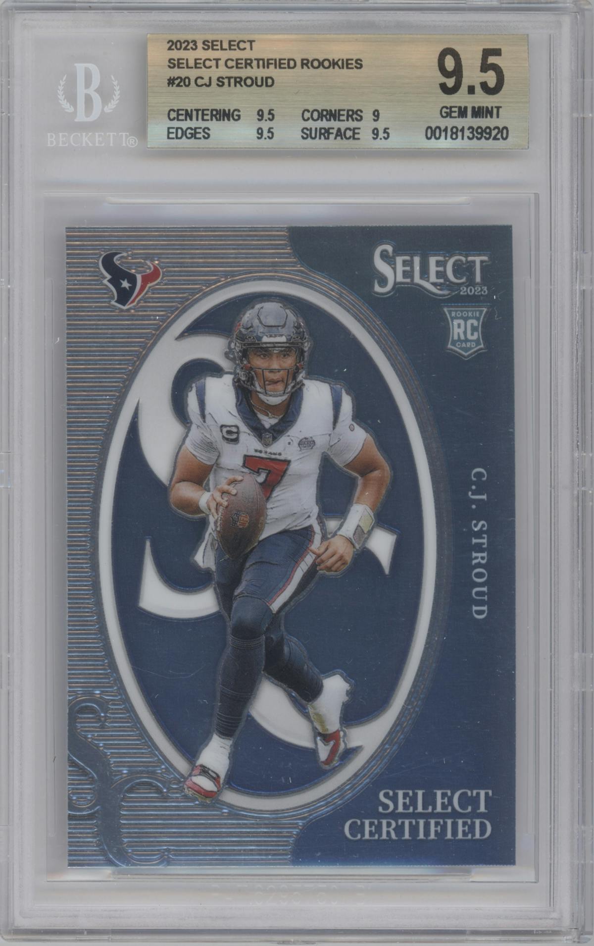 C.J. Stroud from the 2023 Panini Select set graded by Beckett and given an overall grade of 9.5.
